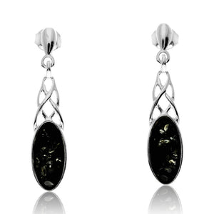 925 Sterling Silver & Genuine Baltic Amber Celtic Drop Earrings - GL1025