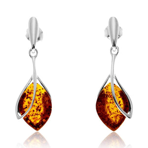 925 Sterling Silver & Genuine Baltic Amber Drop Modern Earrings - GL1026