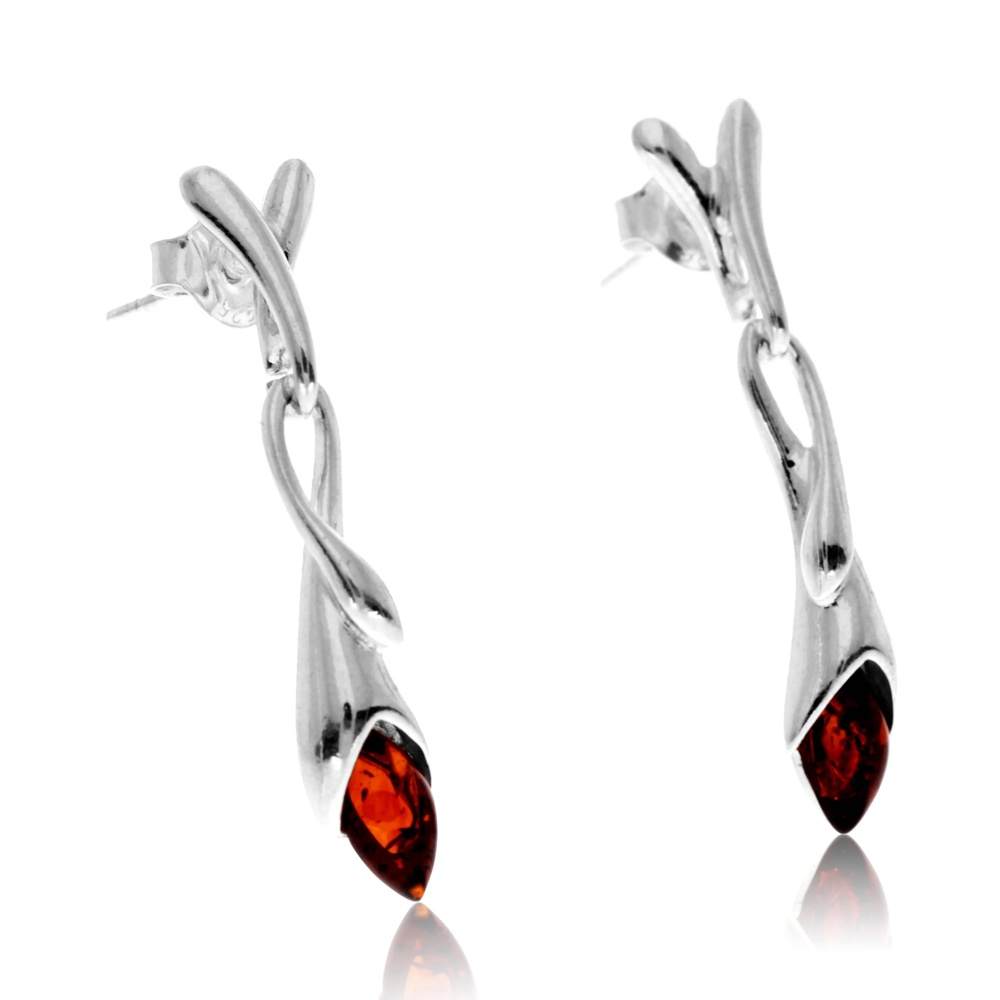 925 Sterling Silver & Genuine Baltic Amber Celtic Drop Earrings - GL1028