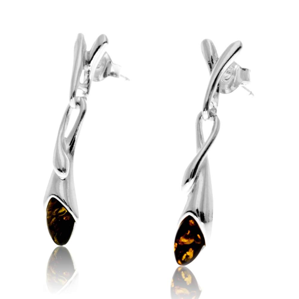 925 Sterling Silver & Genuine Baltic Amber Celtic Drop Earrings - GL1028