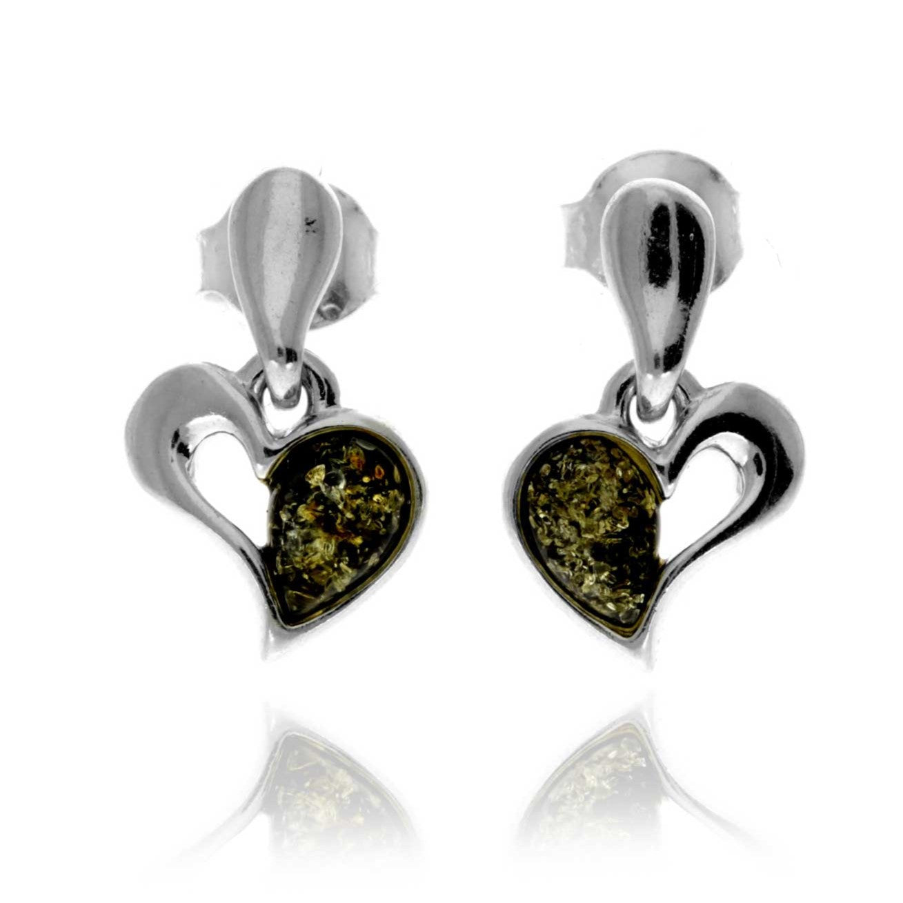 925 Sterling Silver & Baltic Amber Drop Hearts Earrings - GL154