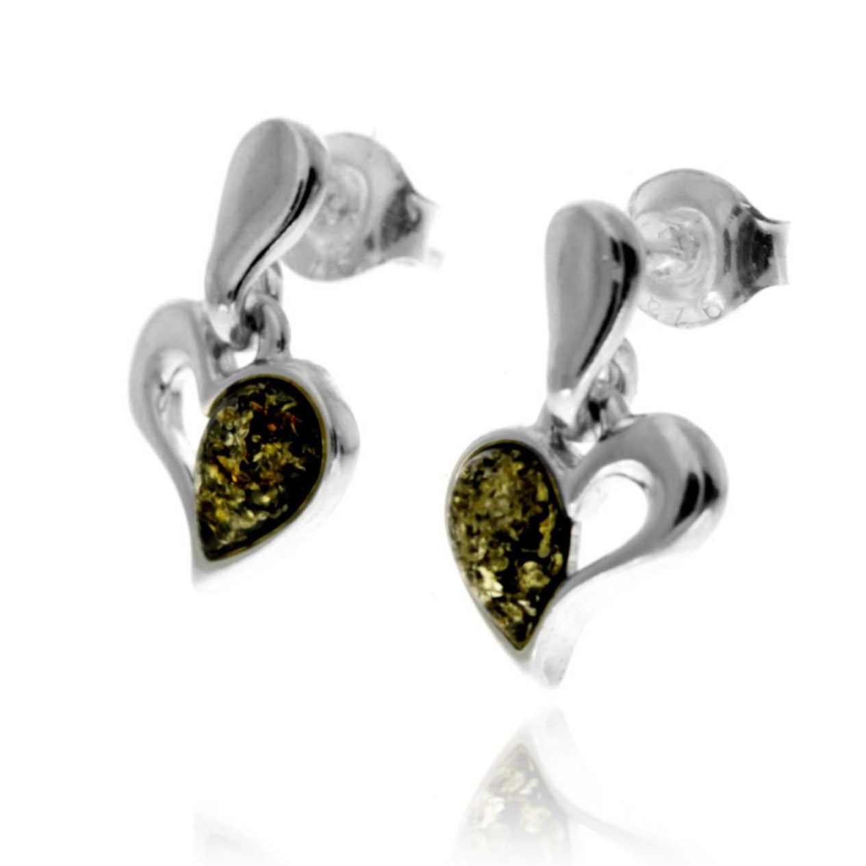 925 Sterling Silver & Baltic Amber Drop Hearts Earrings - GL154