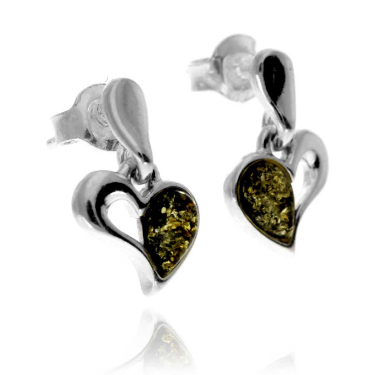 925 Sterling Silver & Baltic Amber Drop Hearts Earrings - GL154