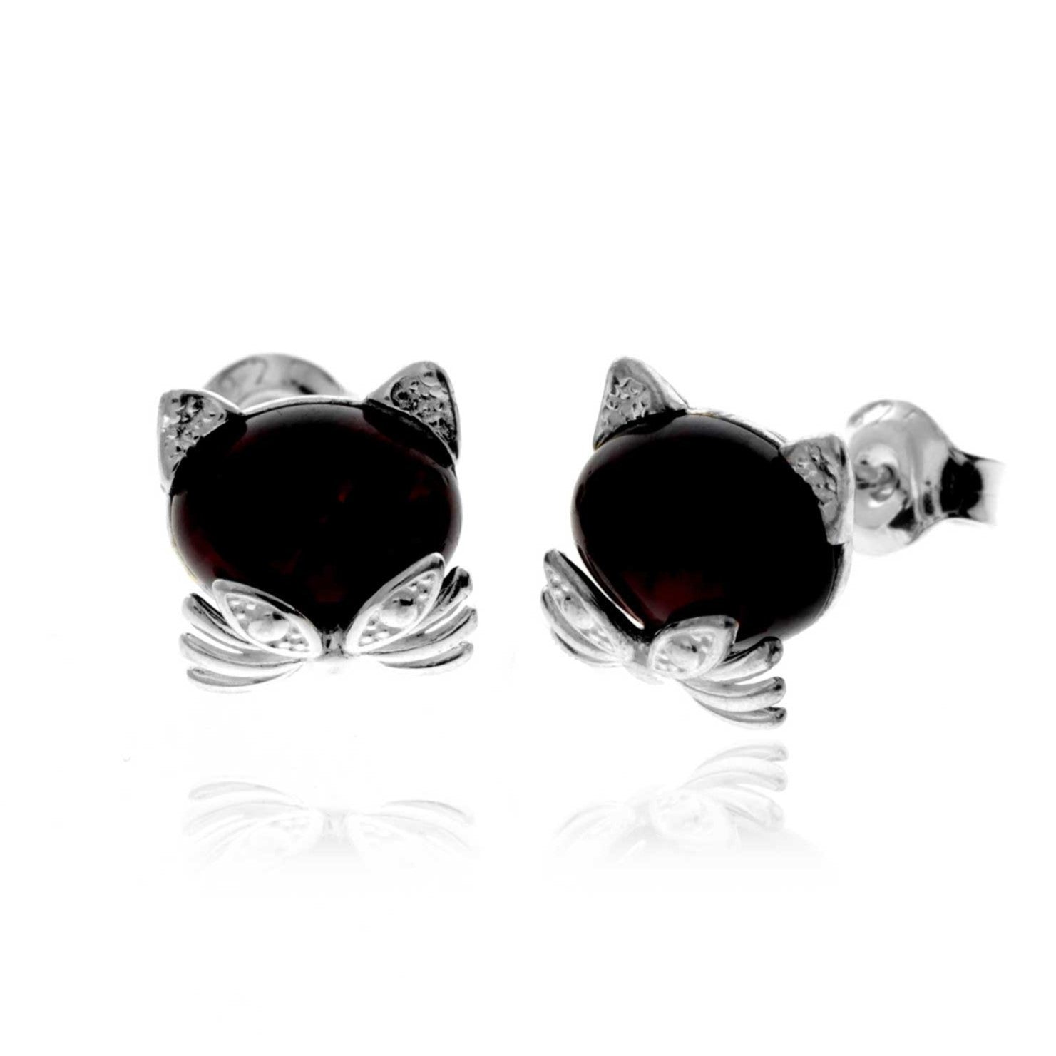 925 Sterling Silver & Baltic Amber Cute Cats Studs Earrings - GL192