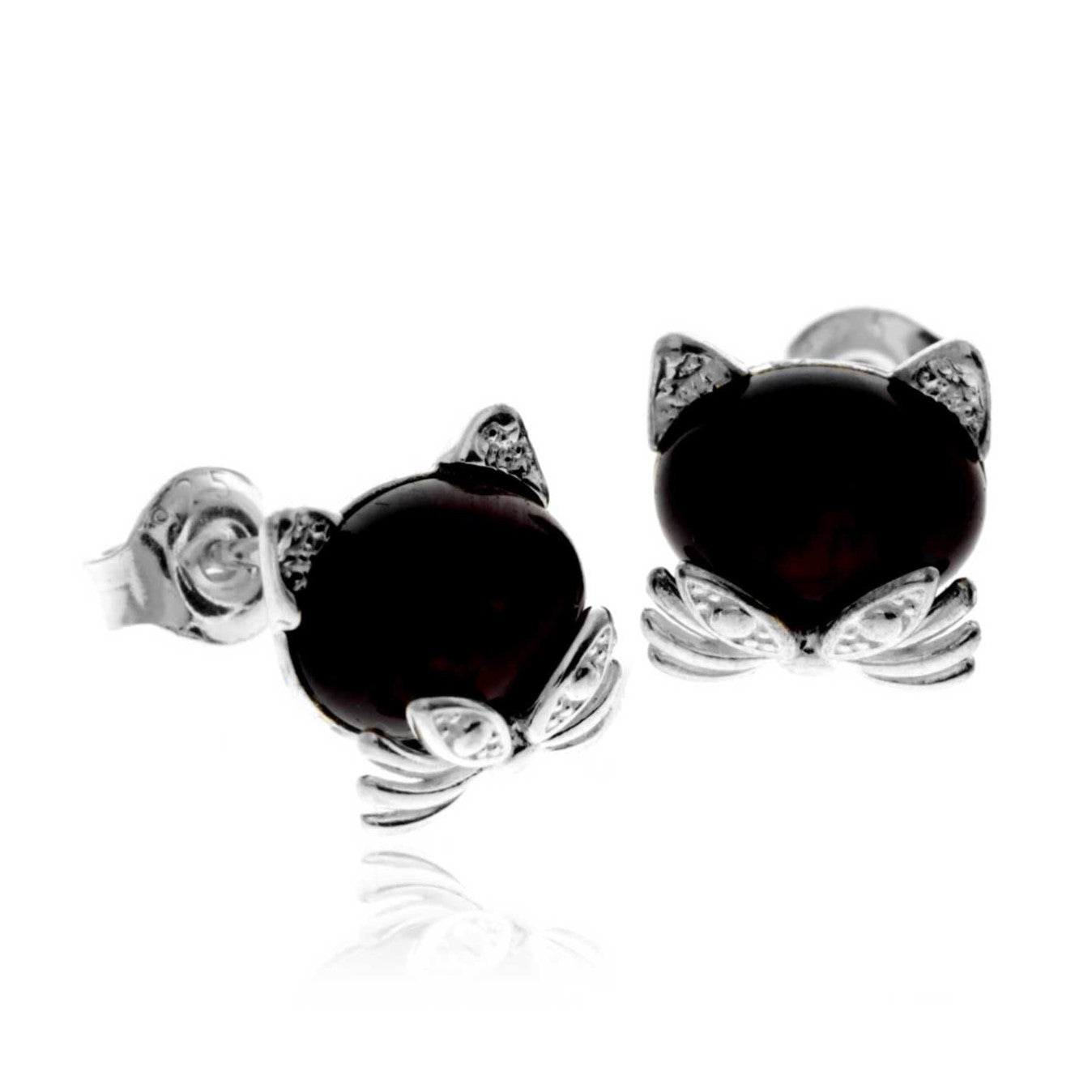 925 Sterling Silver & Baltic Amber Cute Cats Studs Earrings - GL192