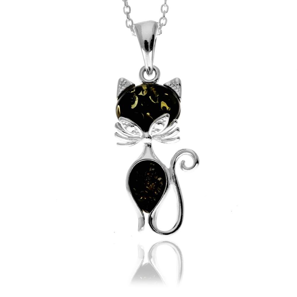925 Sterling Silver & Baltic Amber Modern Cat Pendant - GL2011