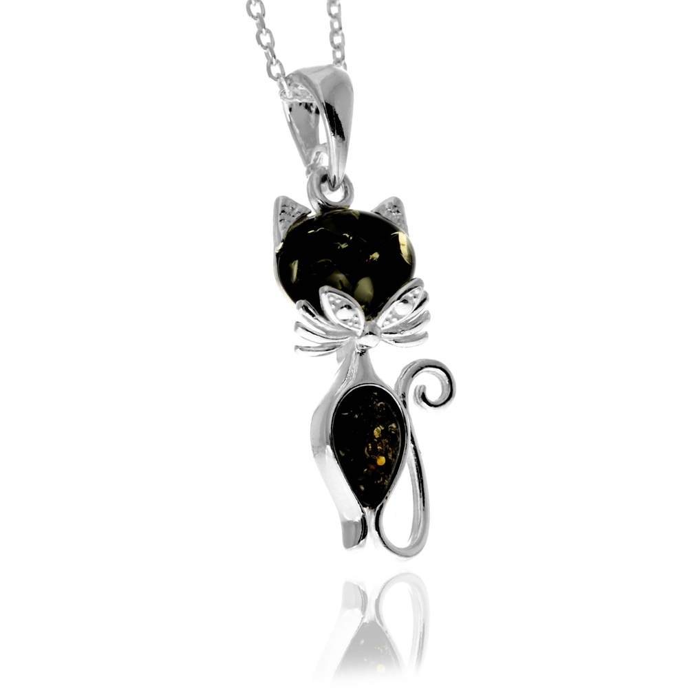 925 Sterling Silver & Baltic Amber Modern Cat Pendant - GL2011