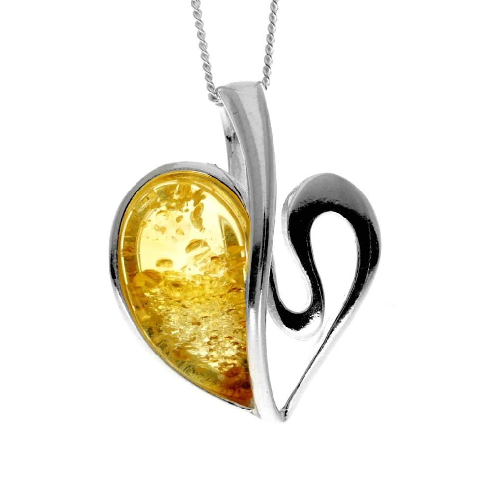 925 Sterling Silver & Baltic Amber Modern Heart Pendant - GL2015