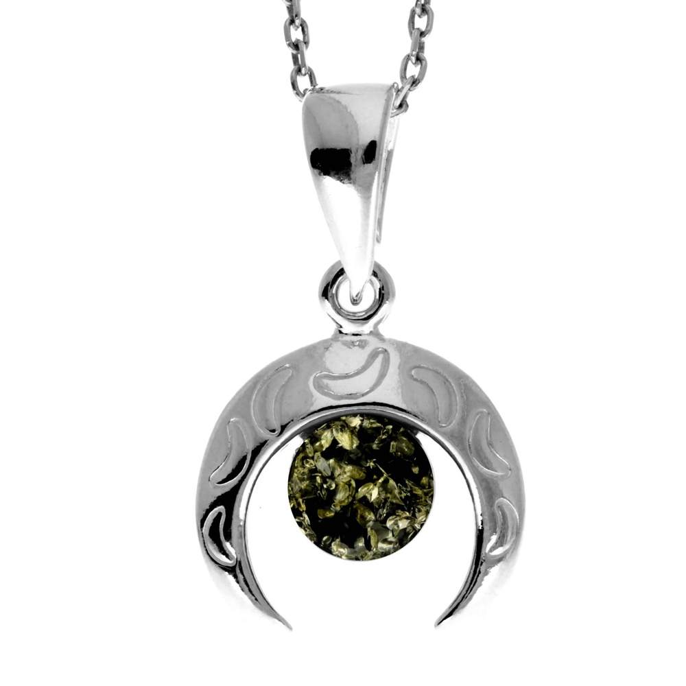925 Sterling Silver & Genuine Baltic Amber Half Moon Modern Pendant - GL2044