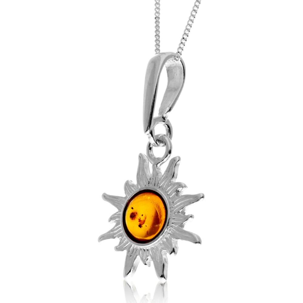 925 Sterling Silver & Genuine Baltic Amber Small Classic Sun Pendant - GL2045