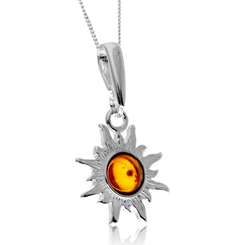 925 Sterling Silver & Genuine Baltic Amber Small Classic Sun Pendant - GL2045