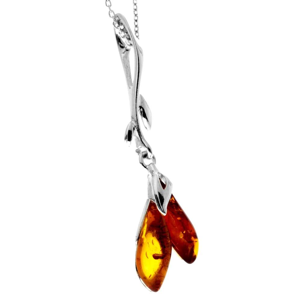 925 Sterling Silver & Genuine Baltic Amber Large Modern 2 Stones Pendant - GL207