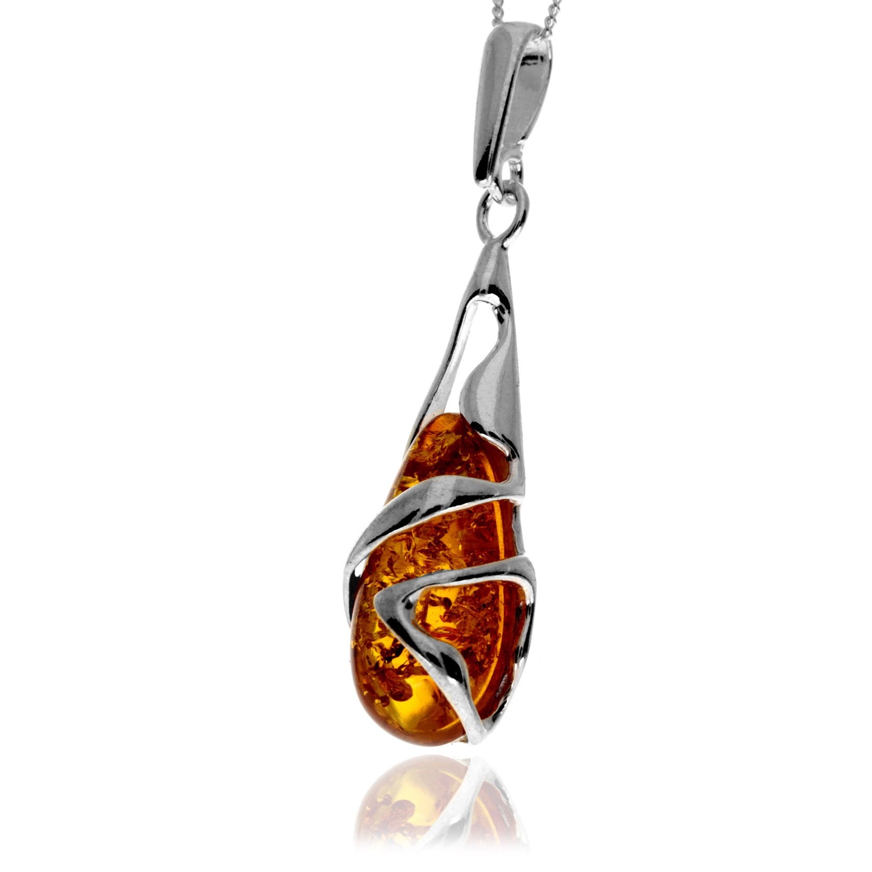 925 Sterling Silver & Genuine Baltic Amber Teardrop Modern Pendant - GL210
