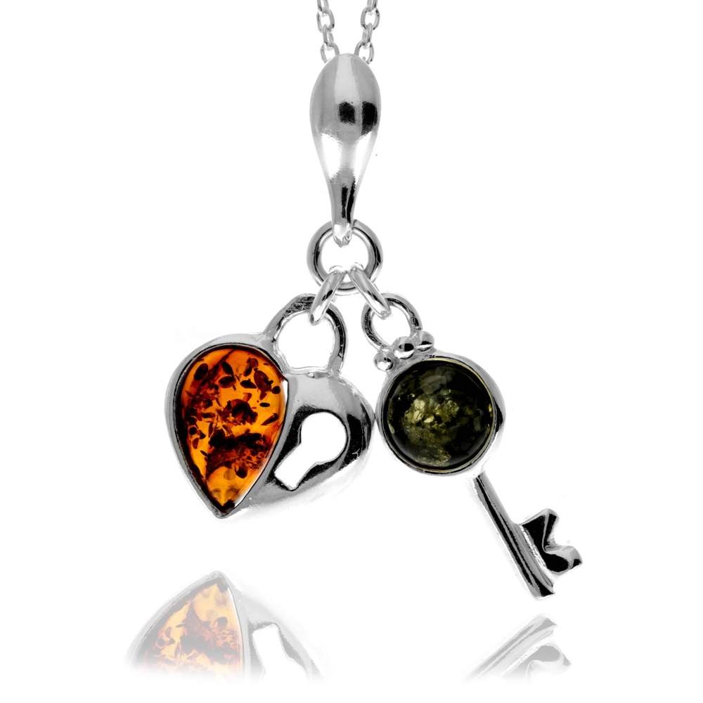 925 Sterling Silver & Baltic Amber Key & Heart Pendant - GL336