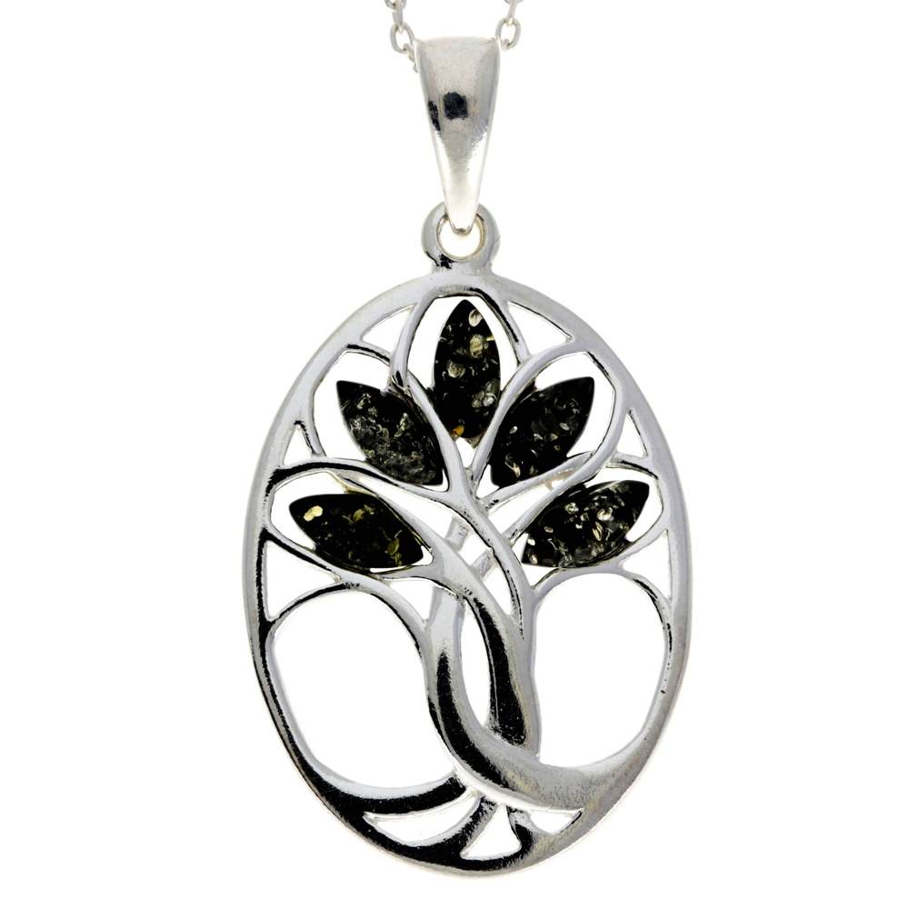 925 Sterling Silver & Baltic Amber Tree of Life Oval Pendant - GL364