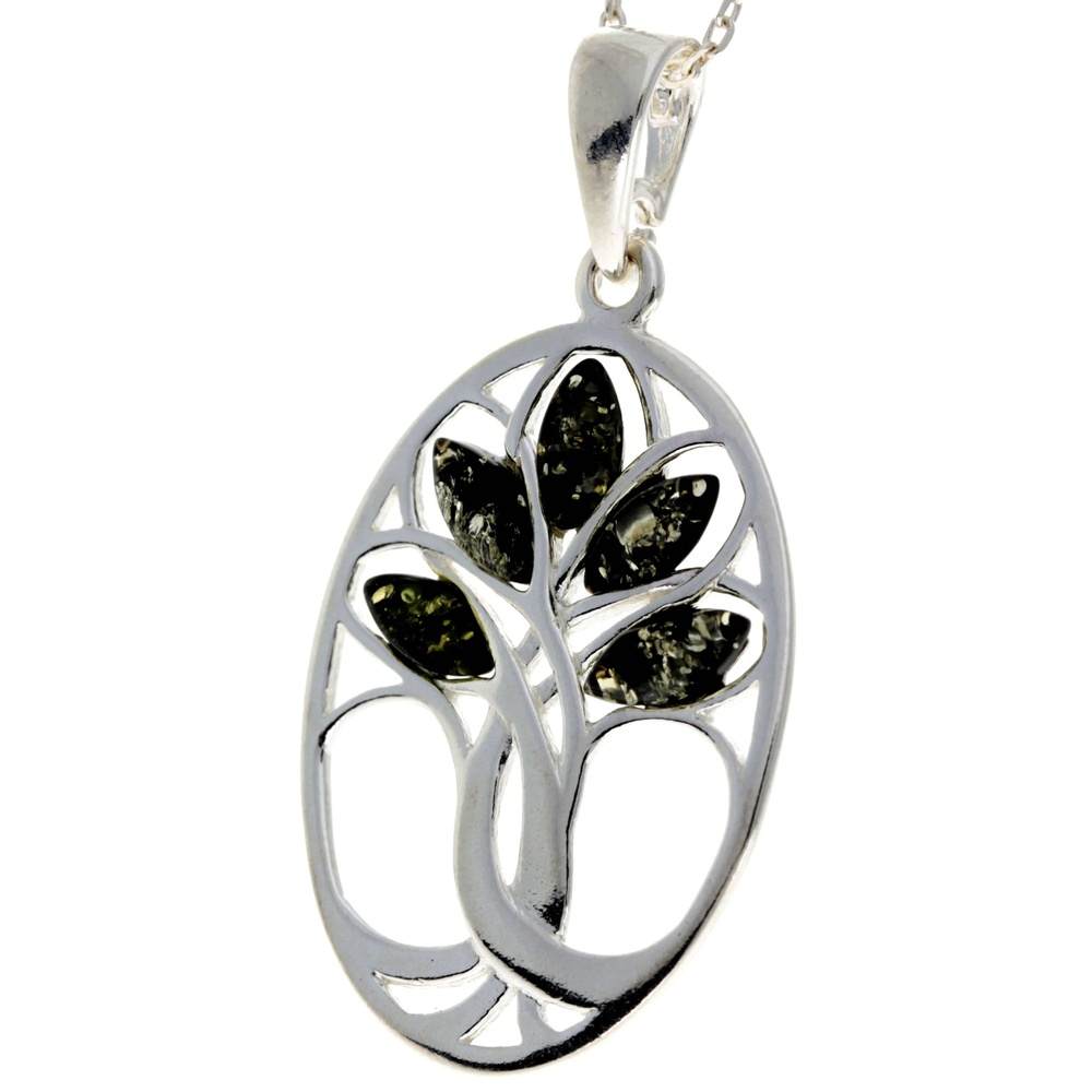 925 Sterling Silver & Baltic Amber Tree of Life Oval Pendant - GL364