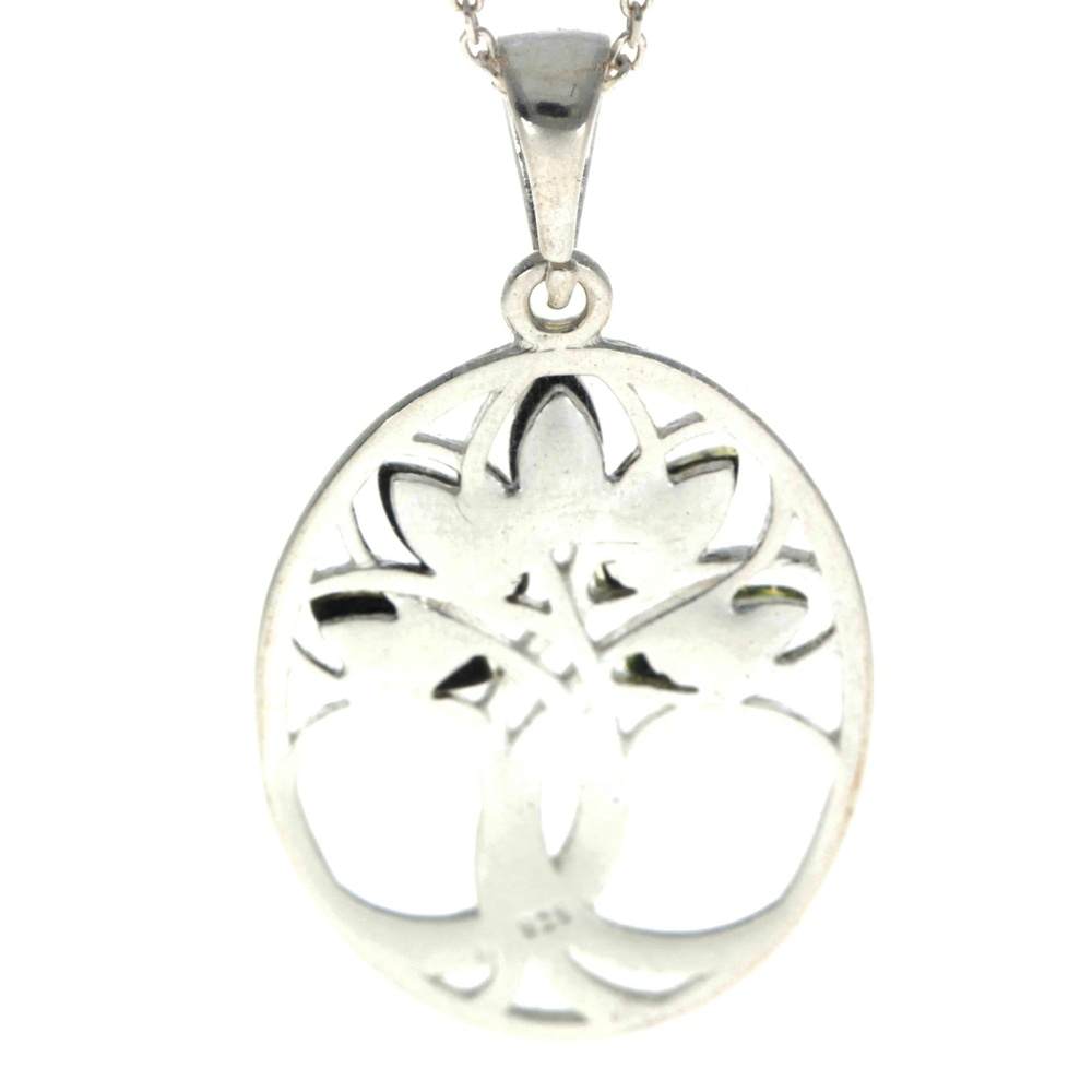 925 Sterling Silver & Baltic Amber Tree of Life Oval Pendant - GL364