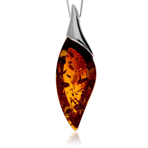 925 Sterling Silver & Genuine Baltic Amber Large Teardrop Modern Pendant - GL366