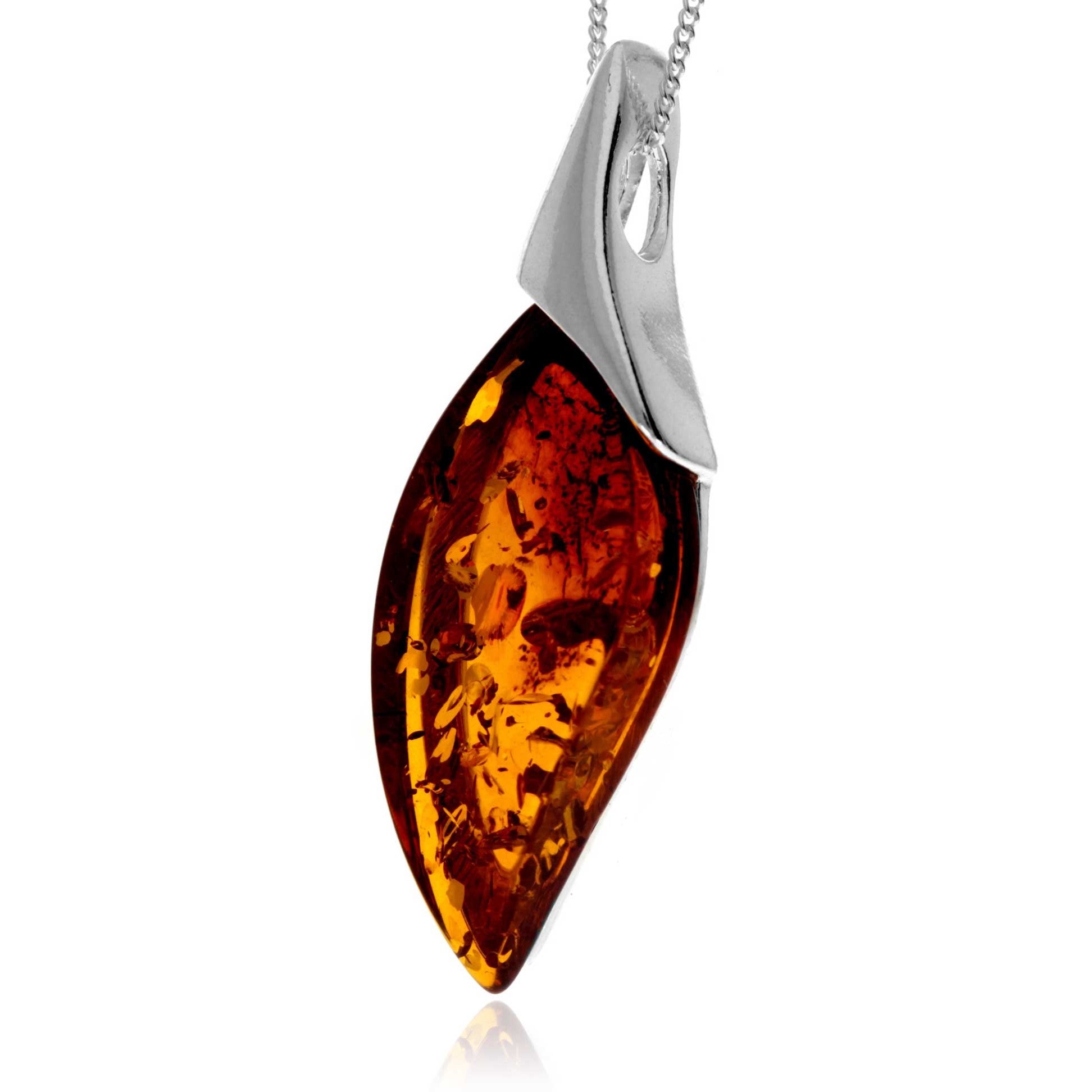 925 Sterling Silver & Genuine Baltic Amber Large Teardrop Modern Pendant - GL366
