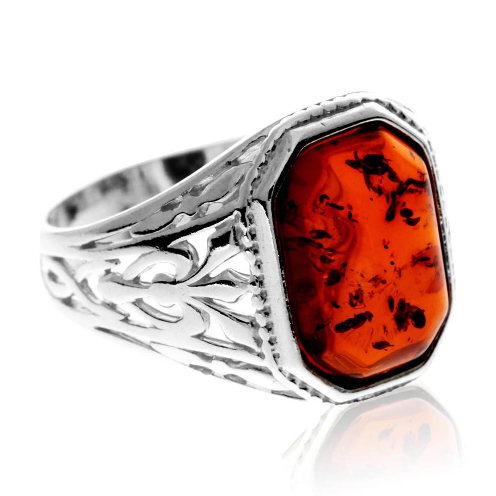 925 Sterling Silver & Genuine Baltic Amber Celtic Large Signet Ring - GL755