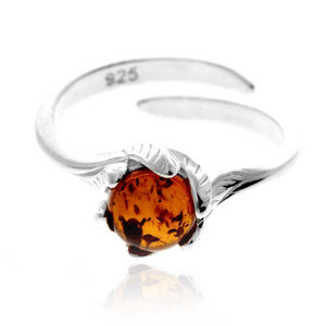 925 Sterling Silver & Genuine Baltic Amber Flower Round Ring - GL760