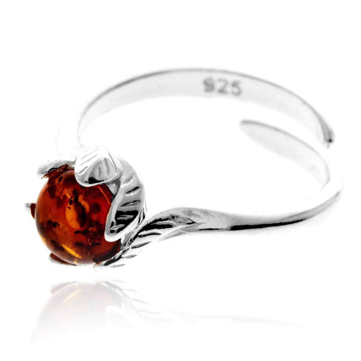 925 Sterling Silver & Genuine Baltic Amber Flower Round Ring - GL760