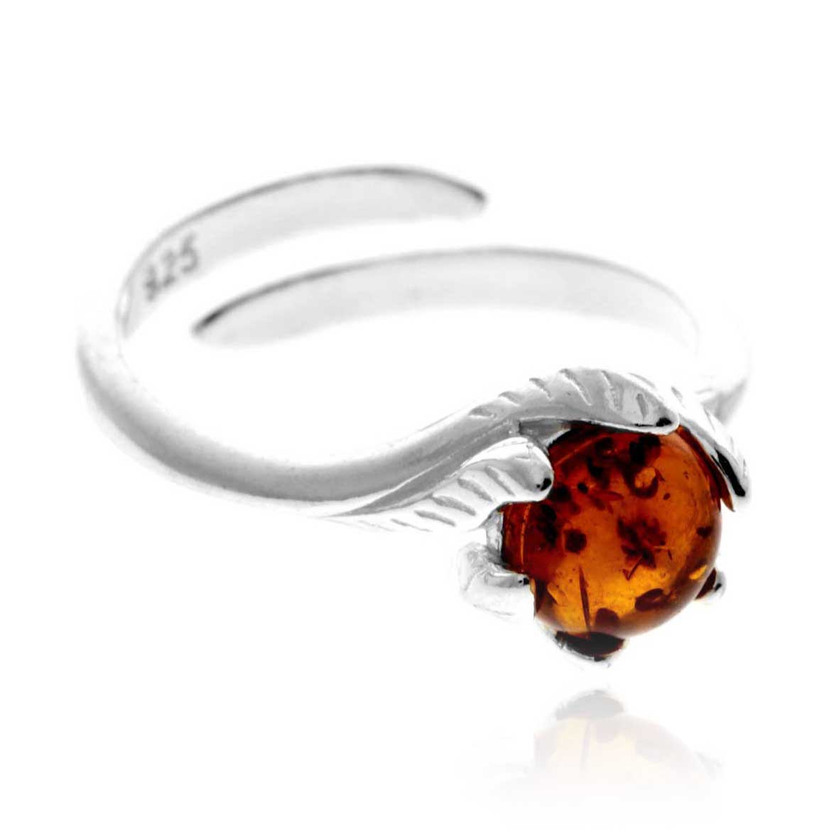 925 Sterling Silver & Genuine Baltic Amber Flower Round Ring - GL760
