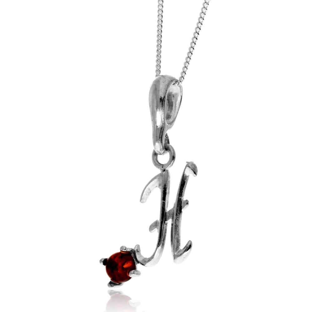 925 Sterling Silver & Genuine Baltic Amber Initials Alphabet Letters Pendant - AP