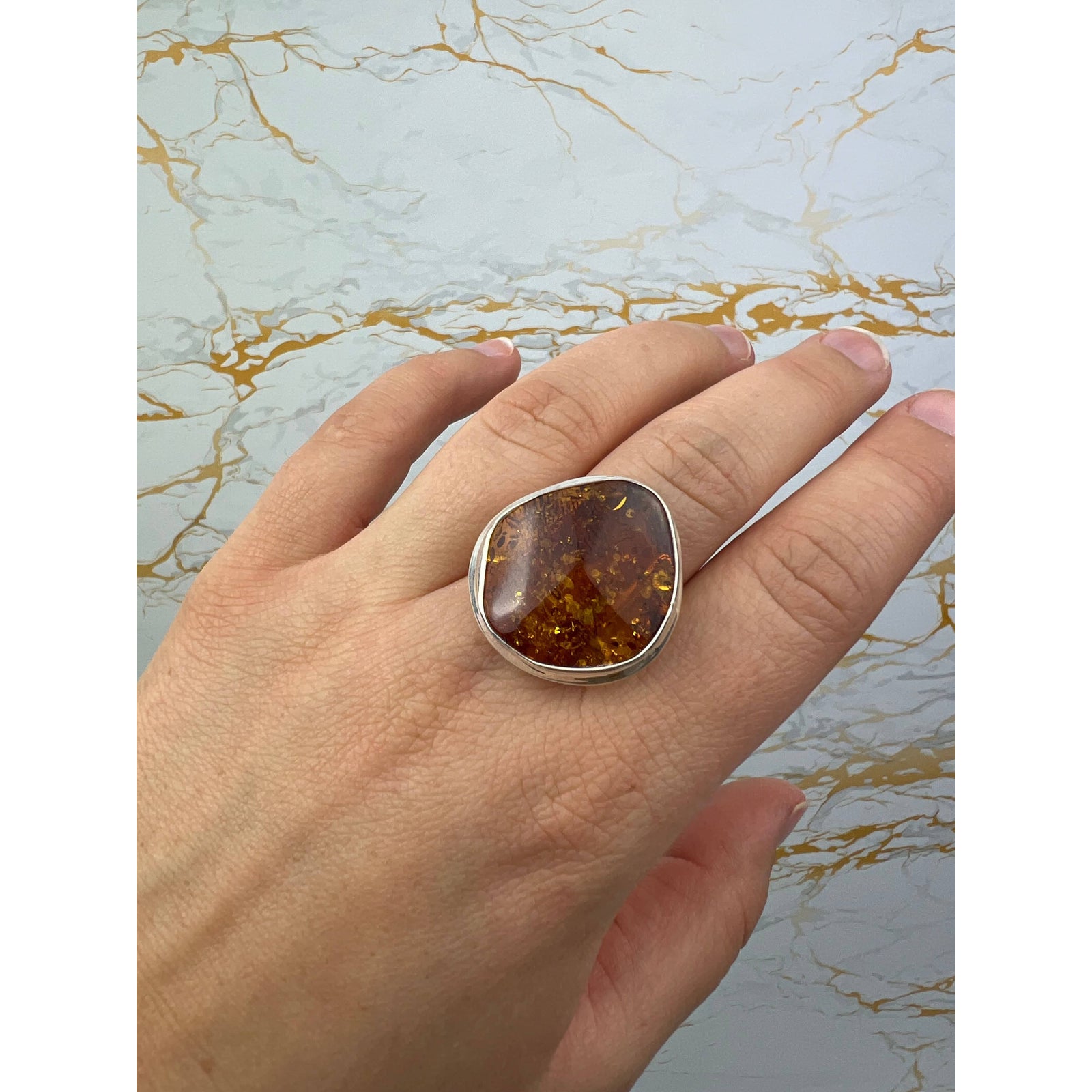 925 Sterling Silver & Genuine Cognac Baltic Amber Unique Exclusive Adjustable Ring - RG0753