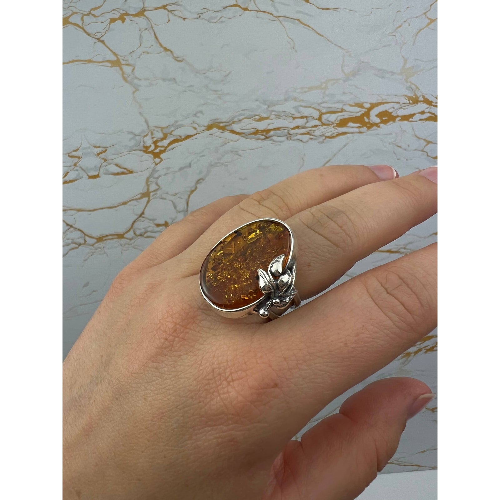 925 Sterling Silver & Genuine Cognac Baltic Amber Unique Exclusive Adjustable Ring - RG0760