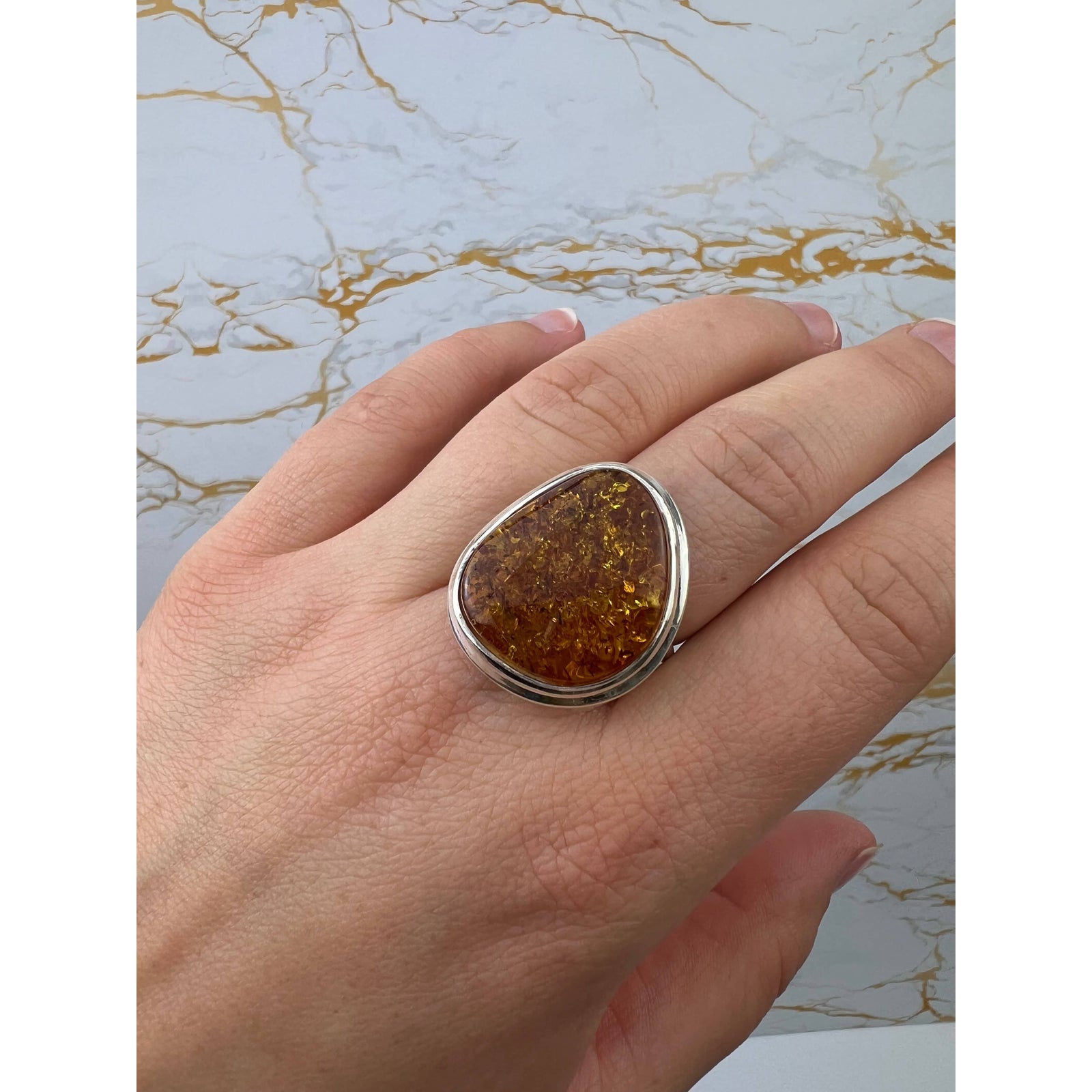 925 Sterling Silver & Genuine Cognac Baltic Amber Unique Exclusive Adjustable Ring - RG0752