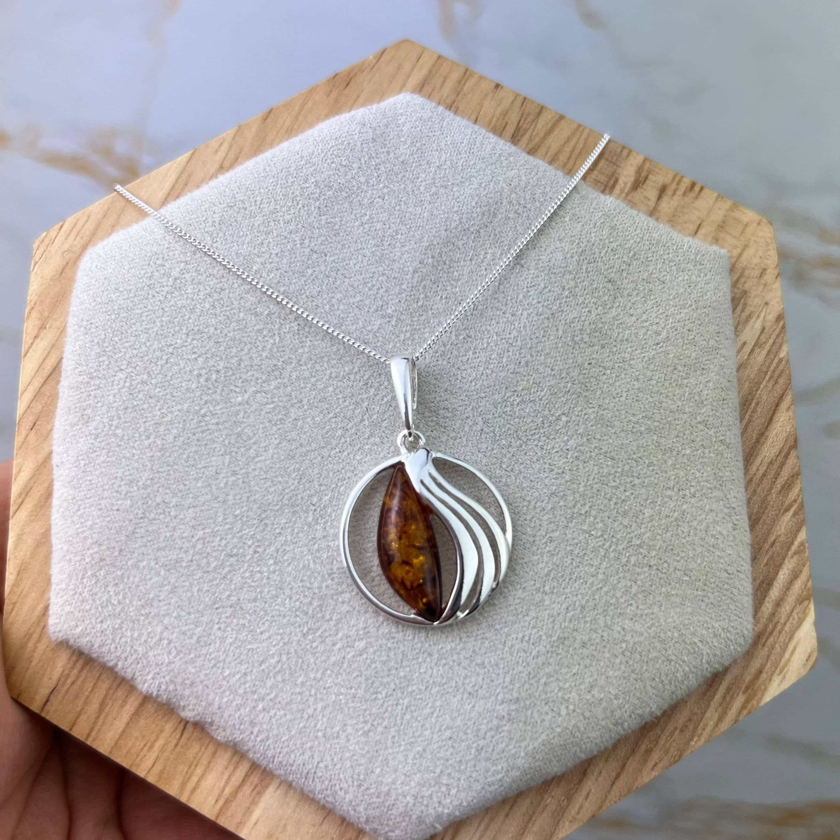 925 Steling Silver & Genuine Baltic Amber Modern Pendant - GL2048