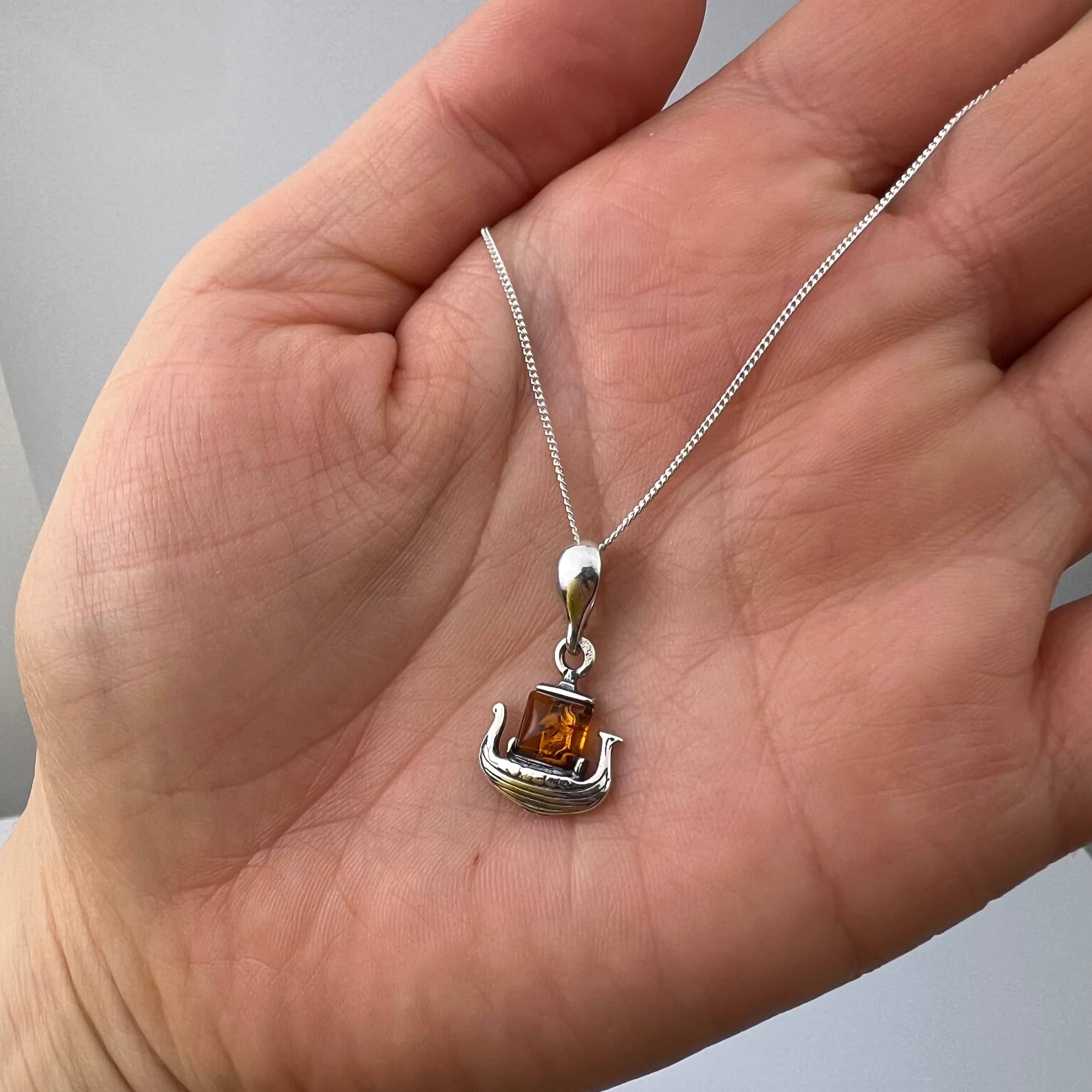 925 Steling Silver & Genuine Baltic Amber Viking Ship Pendant - GL2056