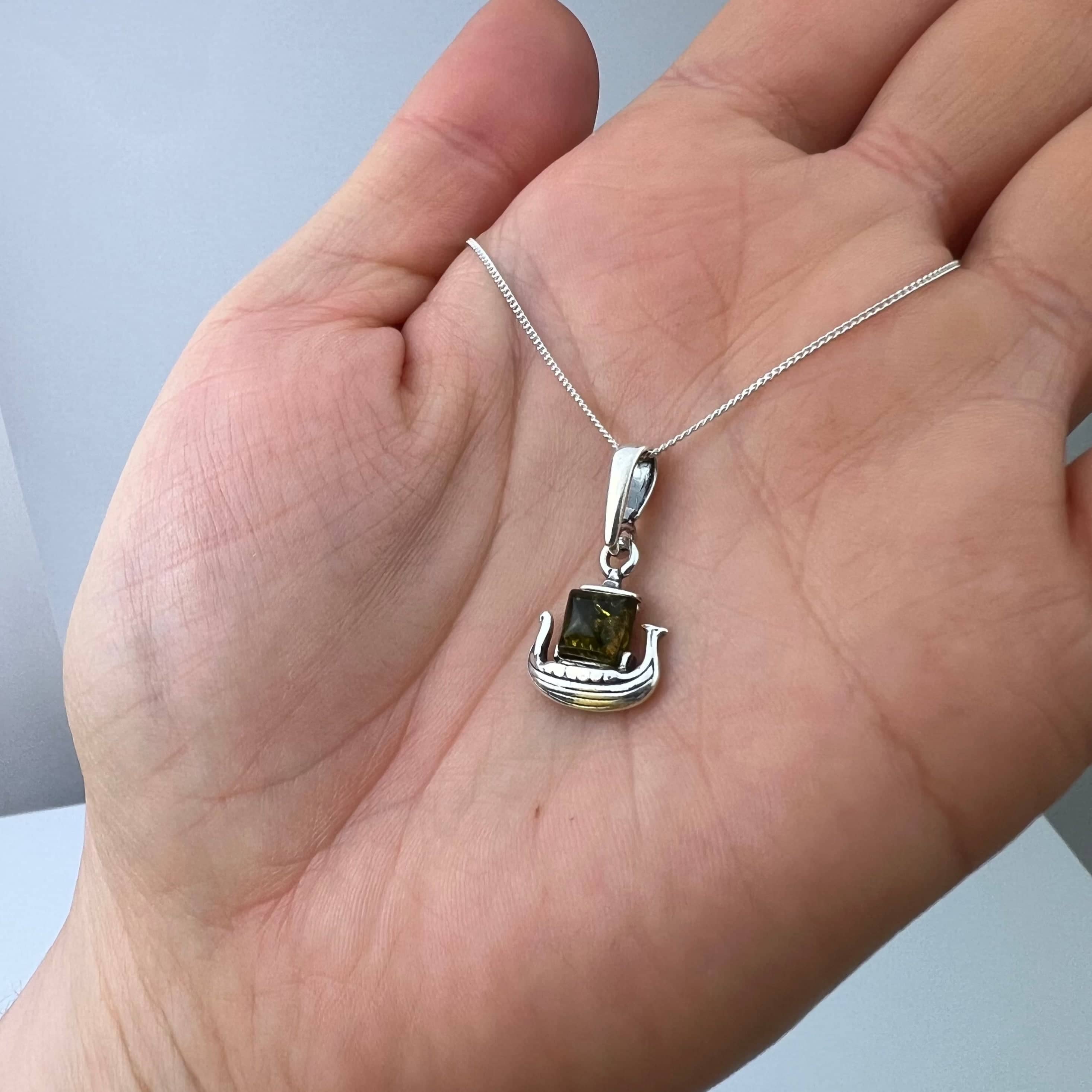 925 Steling Silver & Genuine Baltic Amber Viking Ship Pendant - GL2056