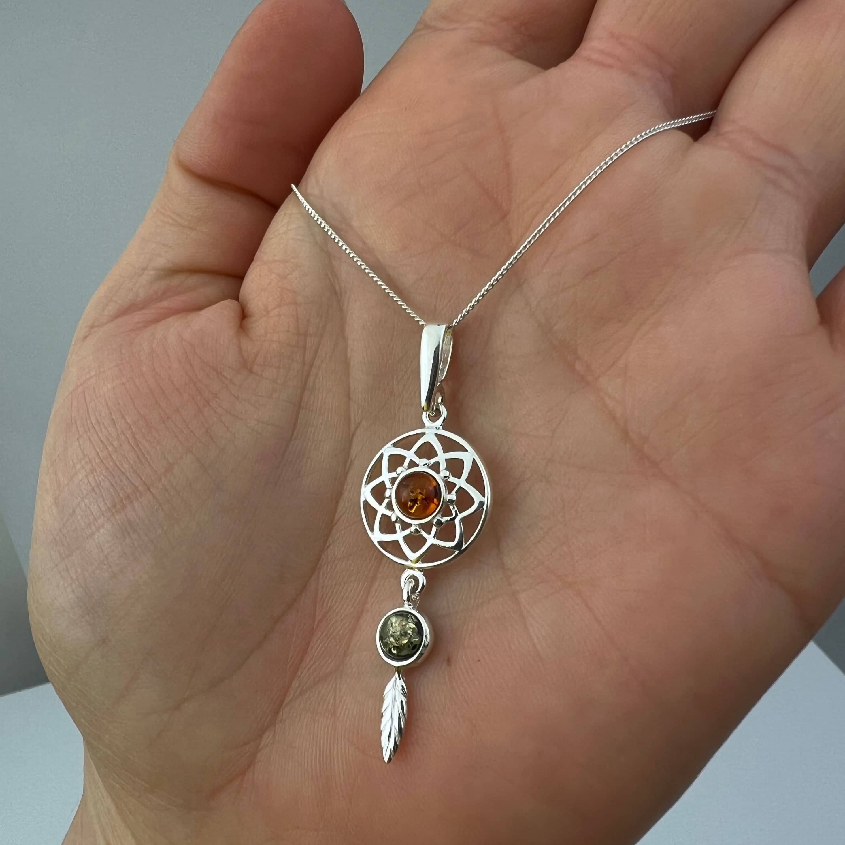 925 Steling Silver & Genuine Baltic Amber Celtic Dream Catcher Pendant - GL2060