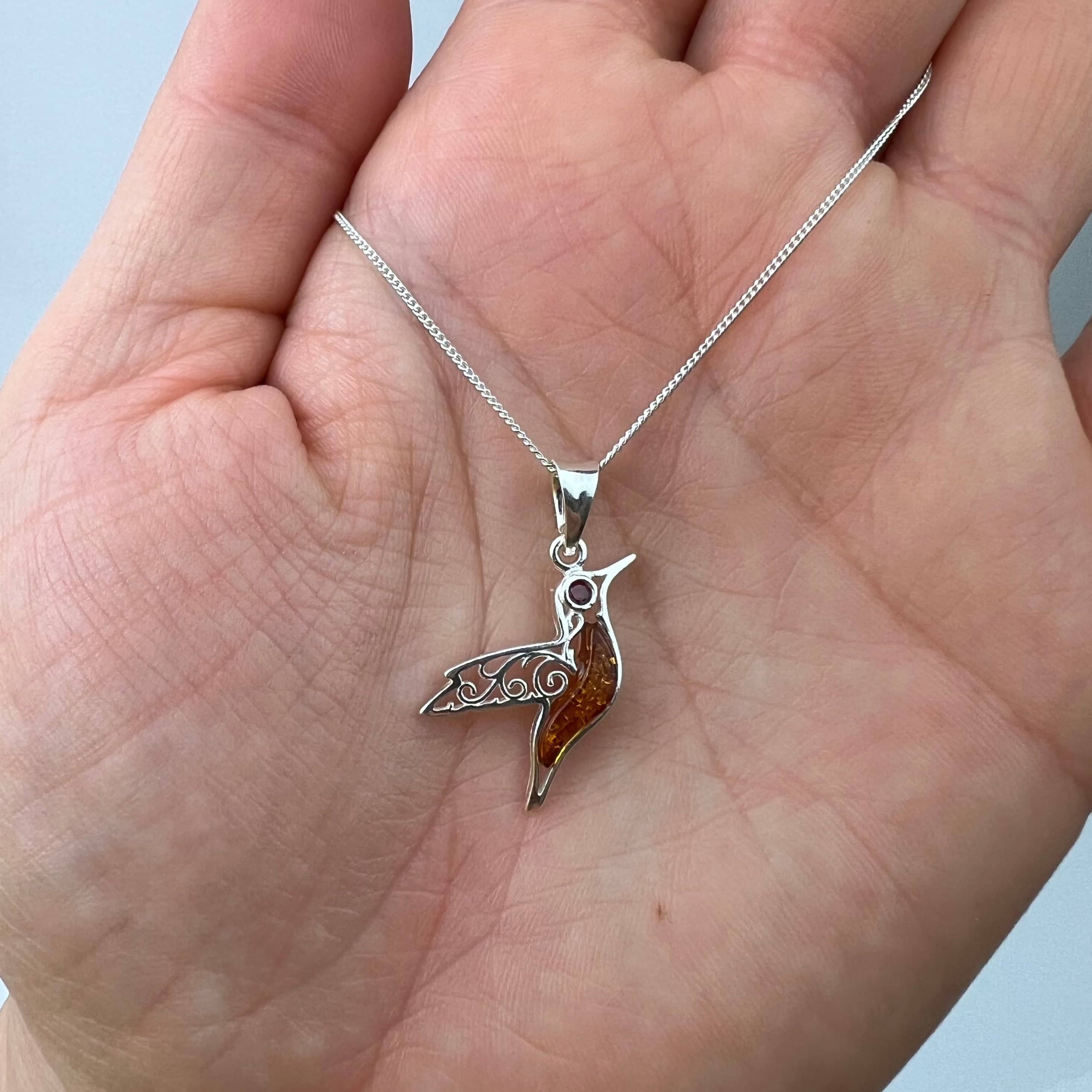 925 Steling Silver & Genuine Baltic Amber Humming Bird Pendant - GL2050