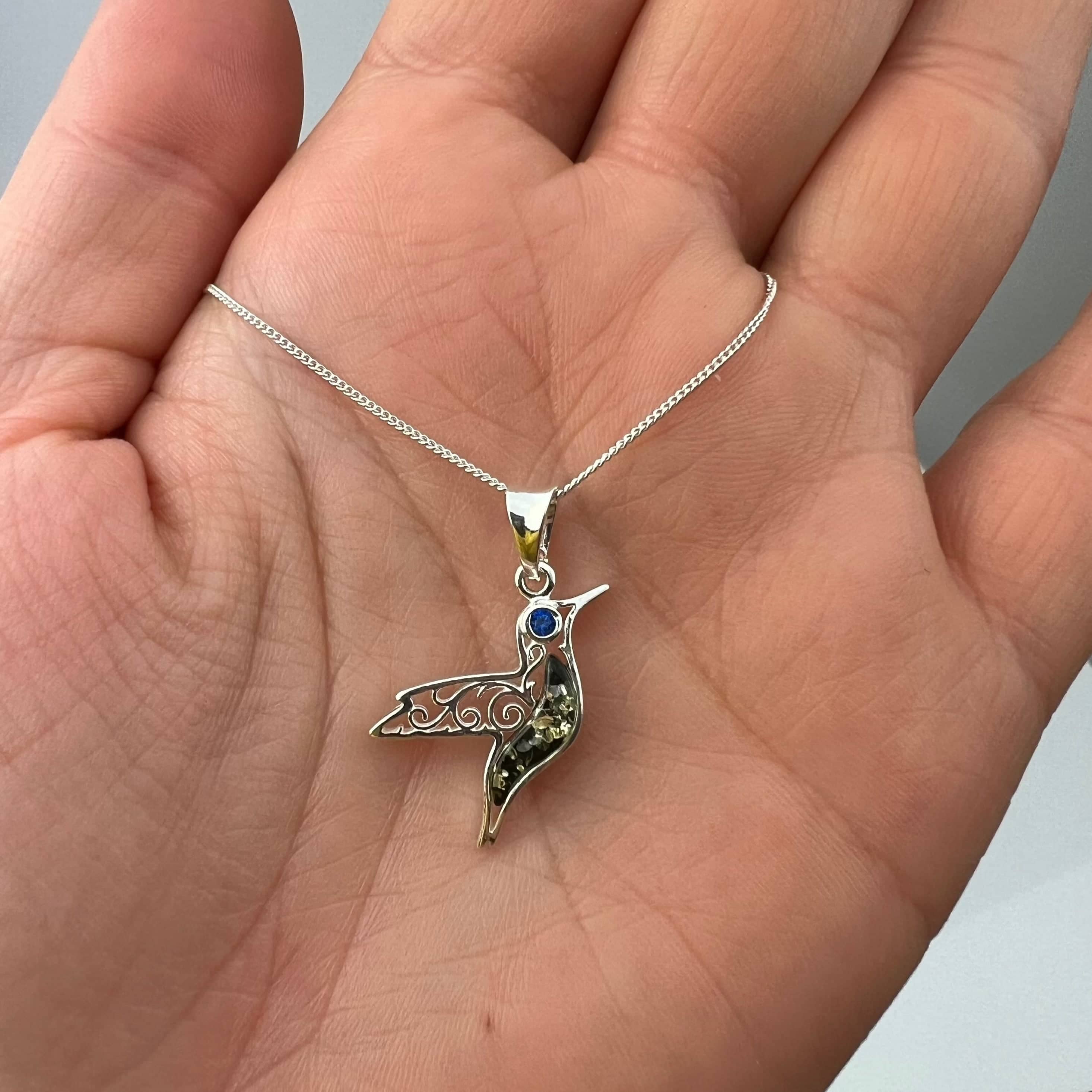 925 Steling Silver & Genuine Baltic Amber Humming Bird Pendant - GL2050