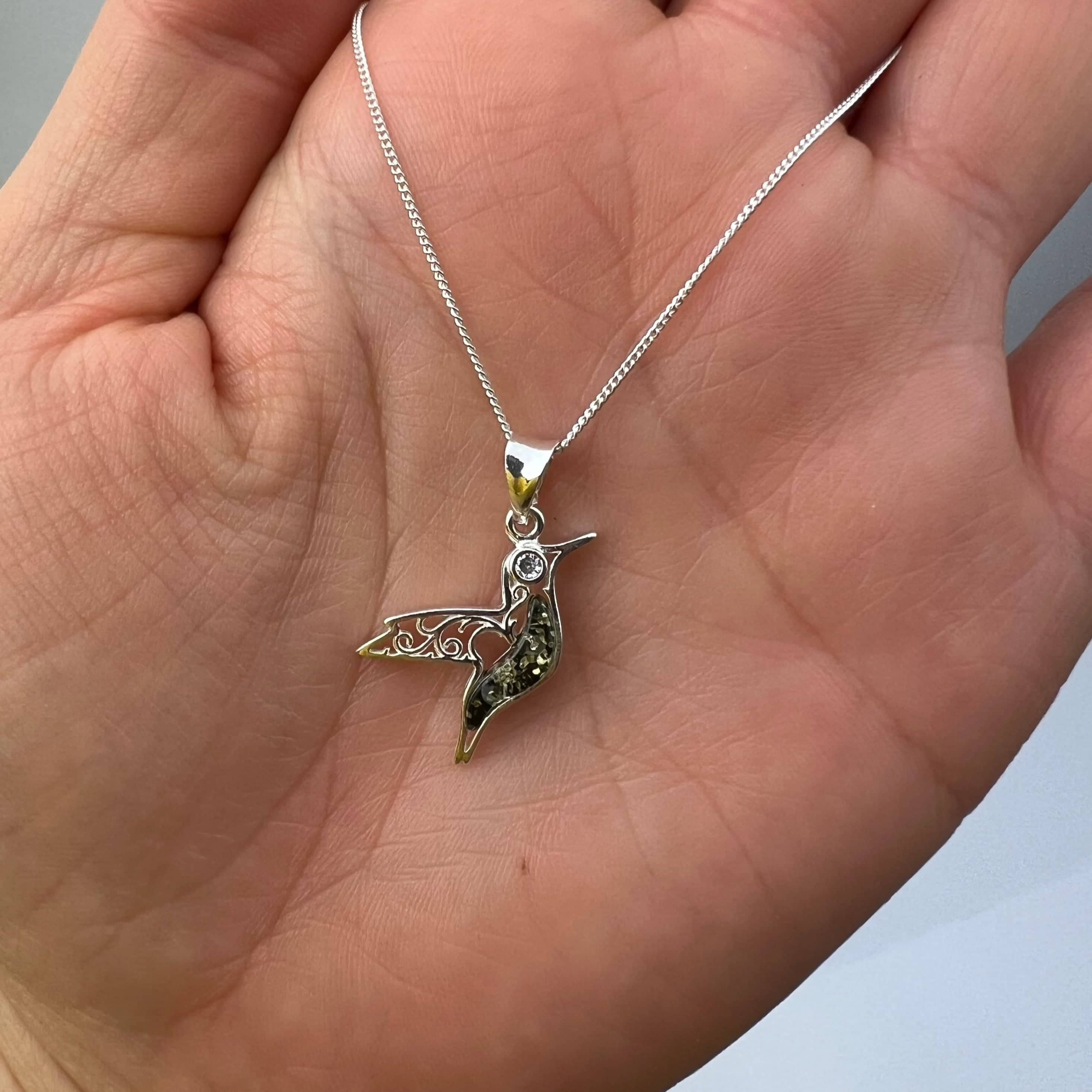 925 Steling Silver & Genuine Baltic Amber Humming Bird Pendant - GL2050