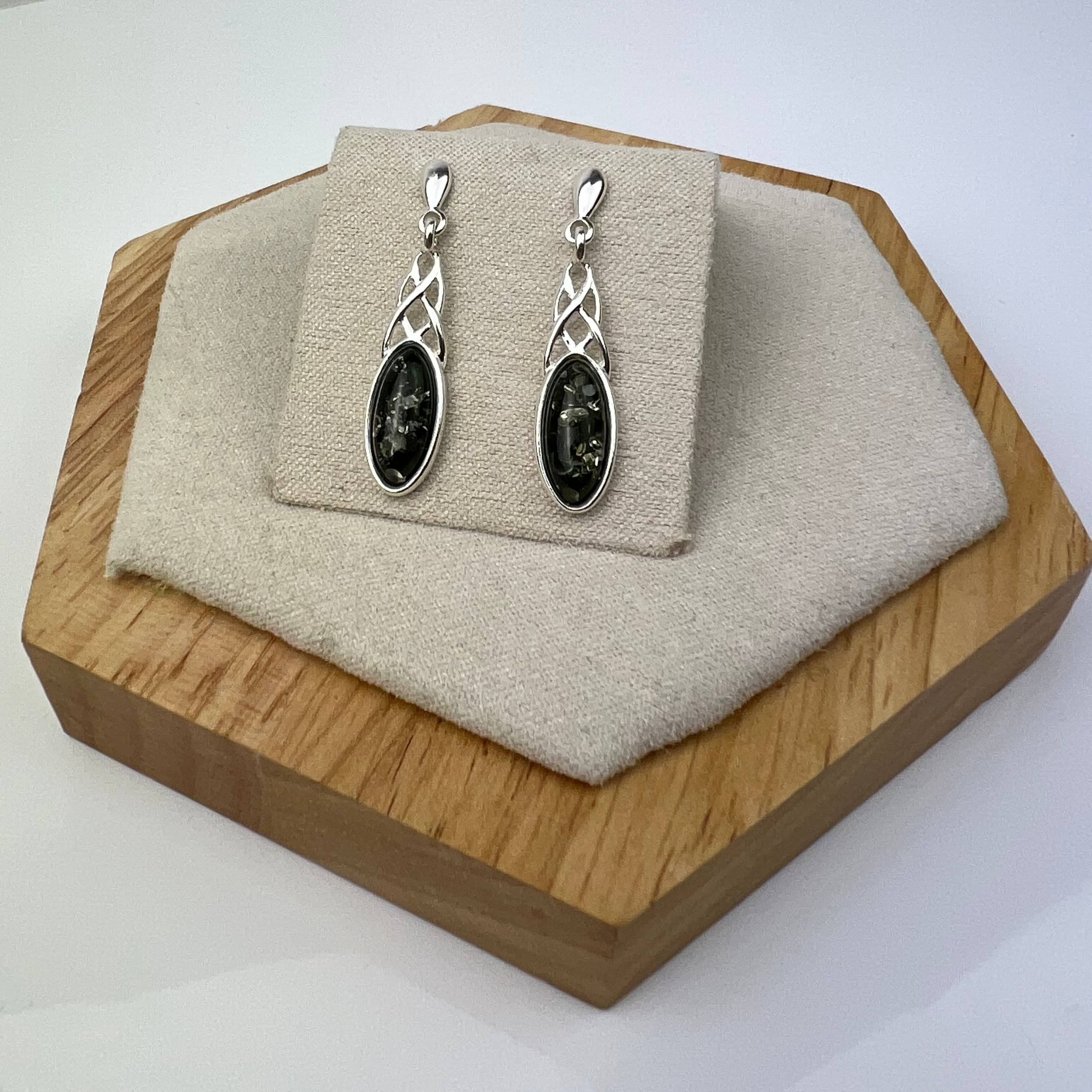 925 Sterling Silver & Genuine Baltic Amber Celtic Drop Earrings - GL1025