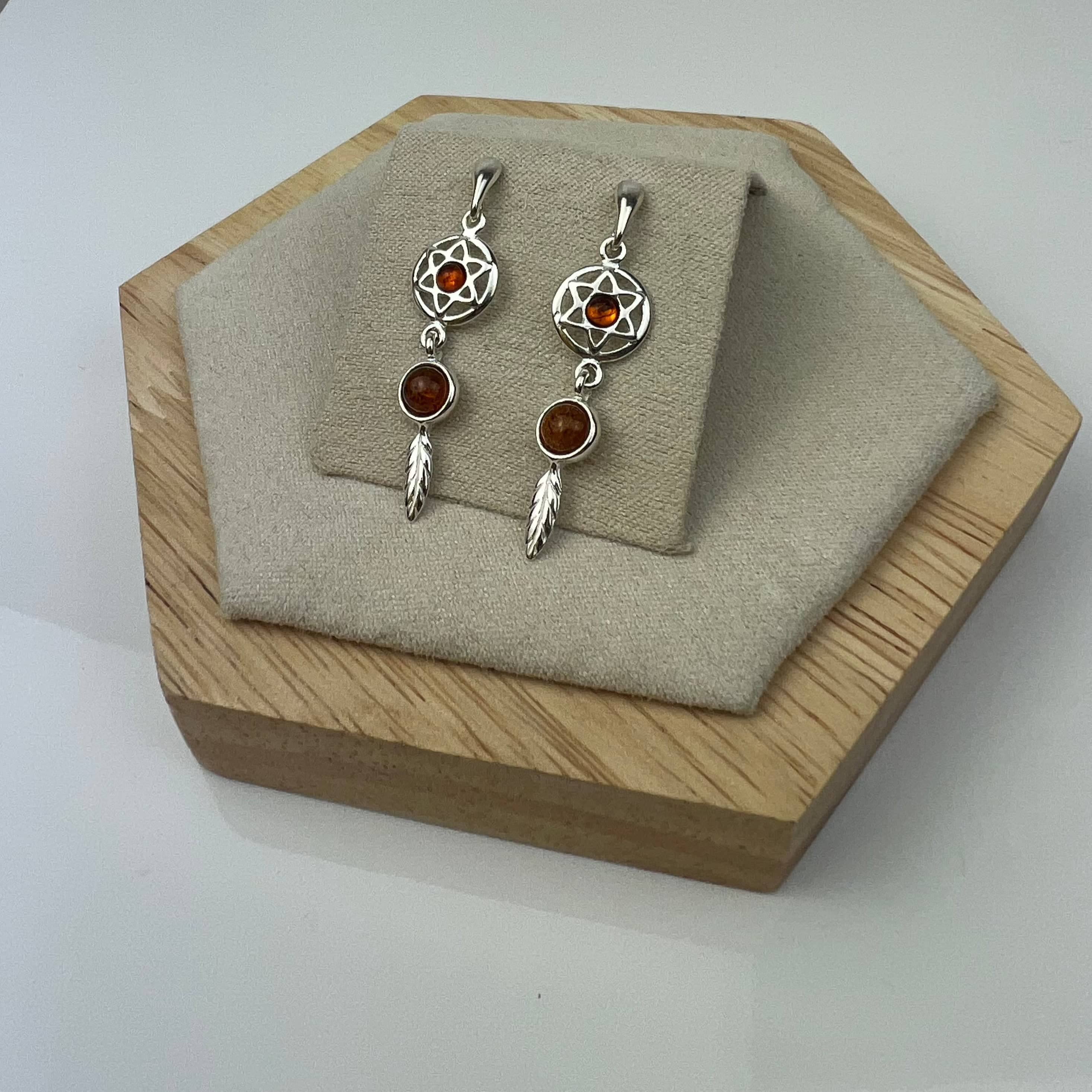 925 Sterling Silver & Genuine Baltic Amber Dreamcatcher Drop Earrings - GL1029