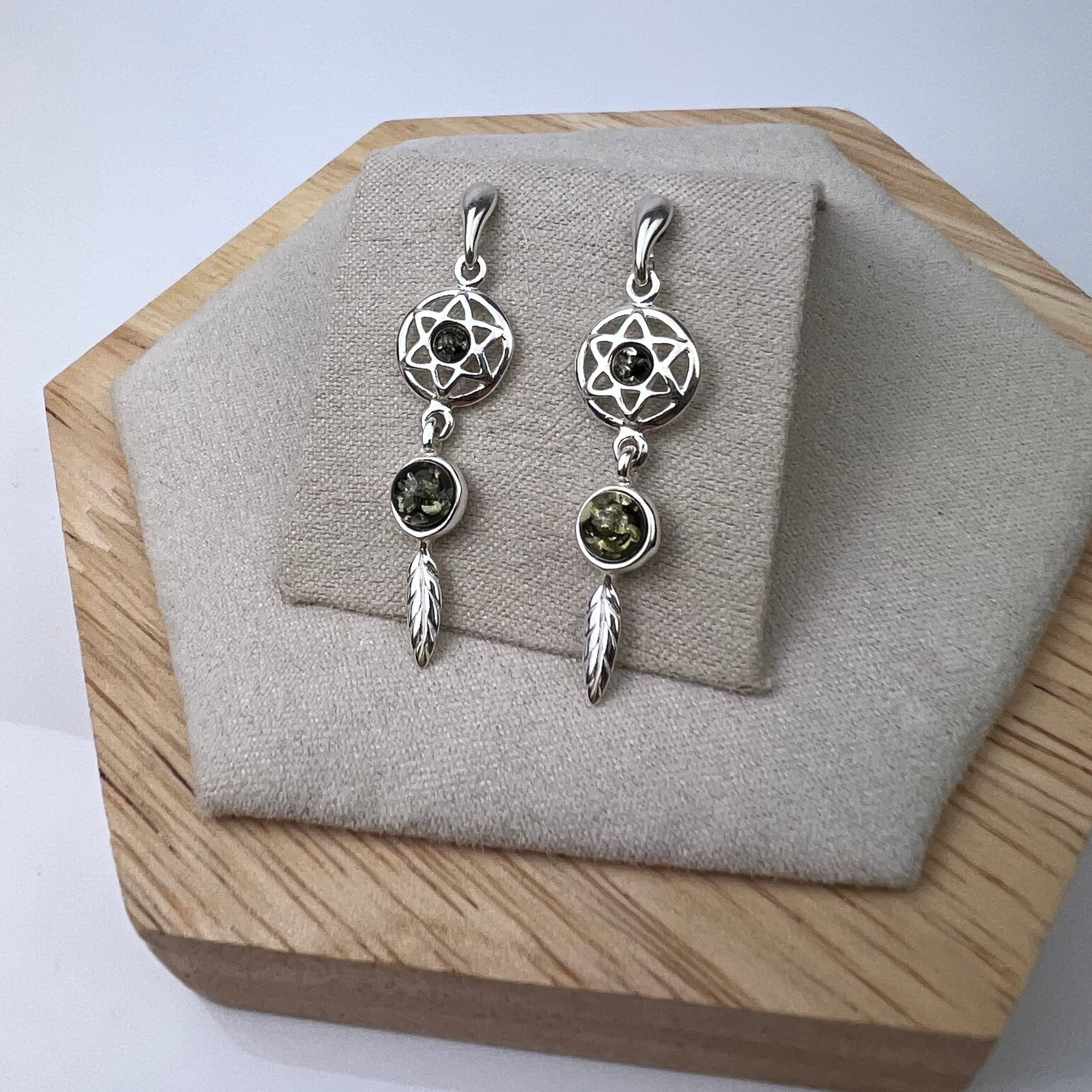 925 Sterling Silver & Genuine Baltic Amber Dreamcatcher Drop Earrings - GL1029