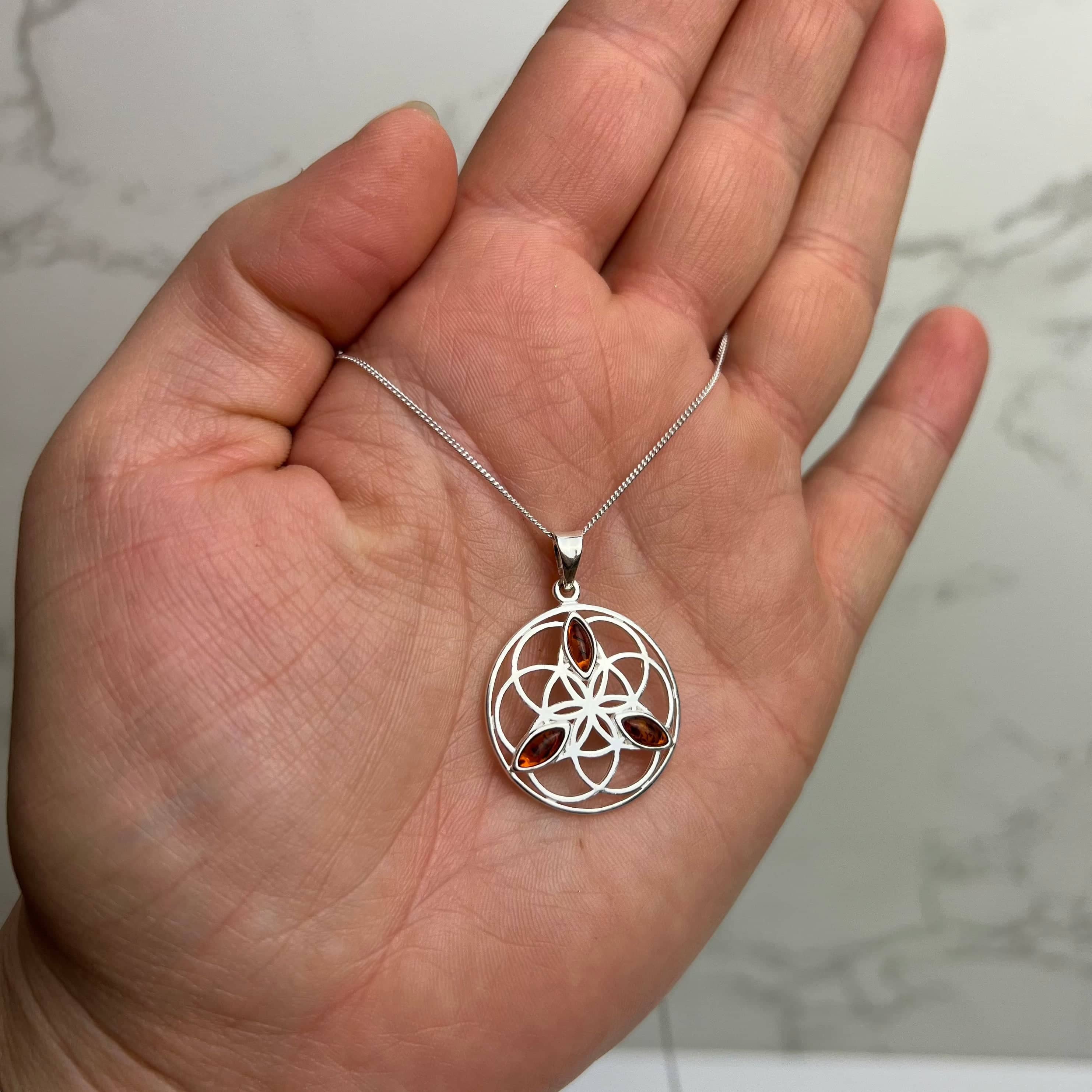 925 Steling Silver & Genuine Baltic Amber Celtic Flower of Life Pendant - GL2059