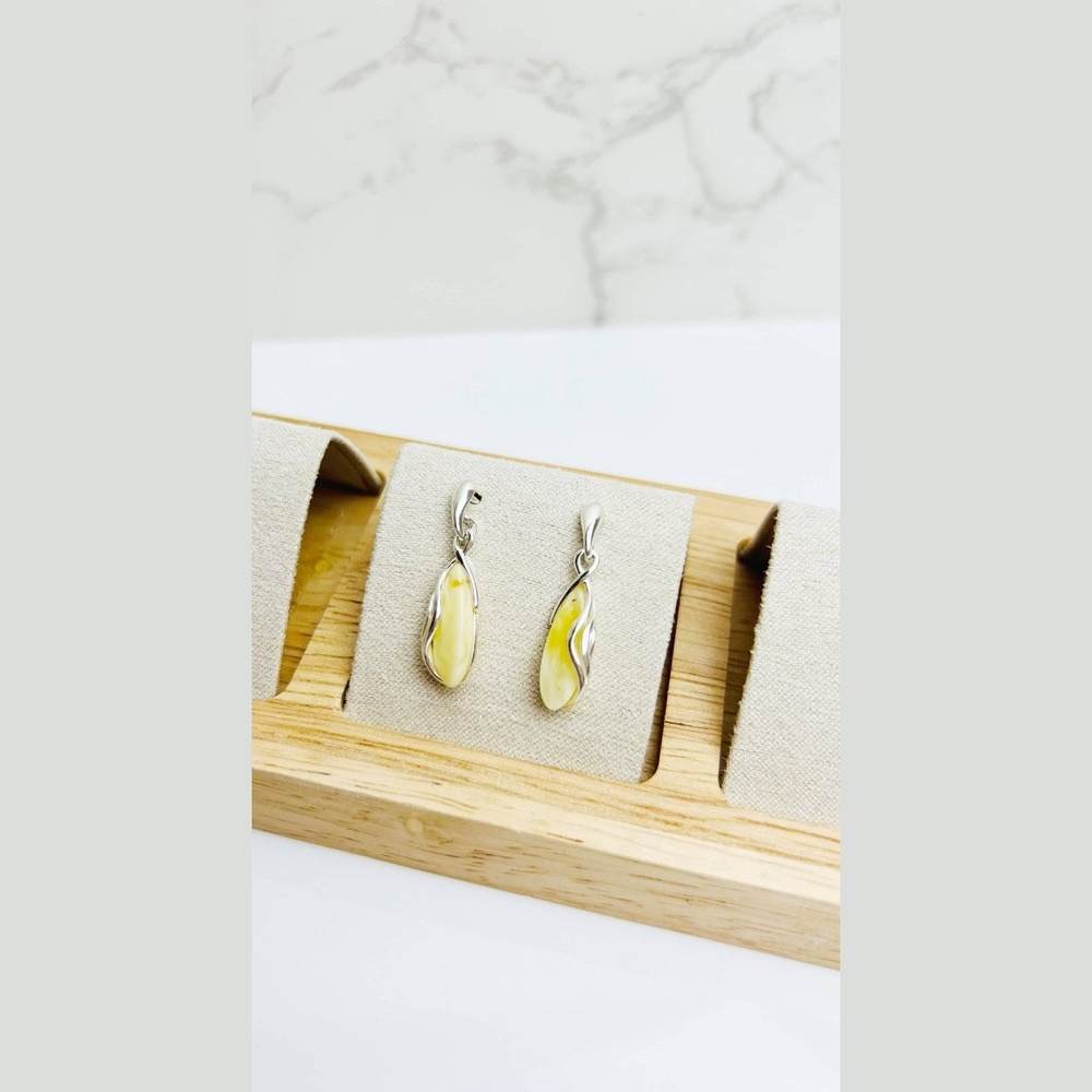 925 Sterling Silver & Genuine Baltic Amber Modern Studs Dangling Earrings - GL1020