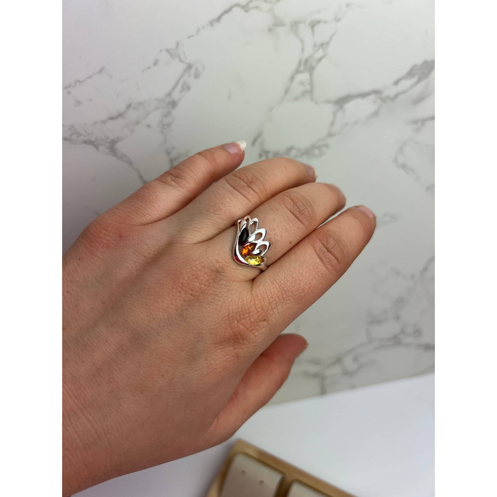 925 Sterling Silver & Genuine Baltic Amber Angel Wing Ring - GL738