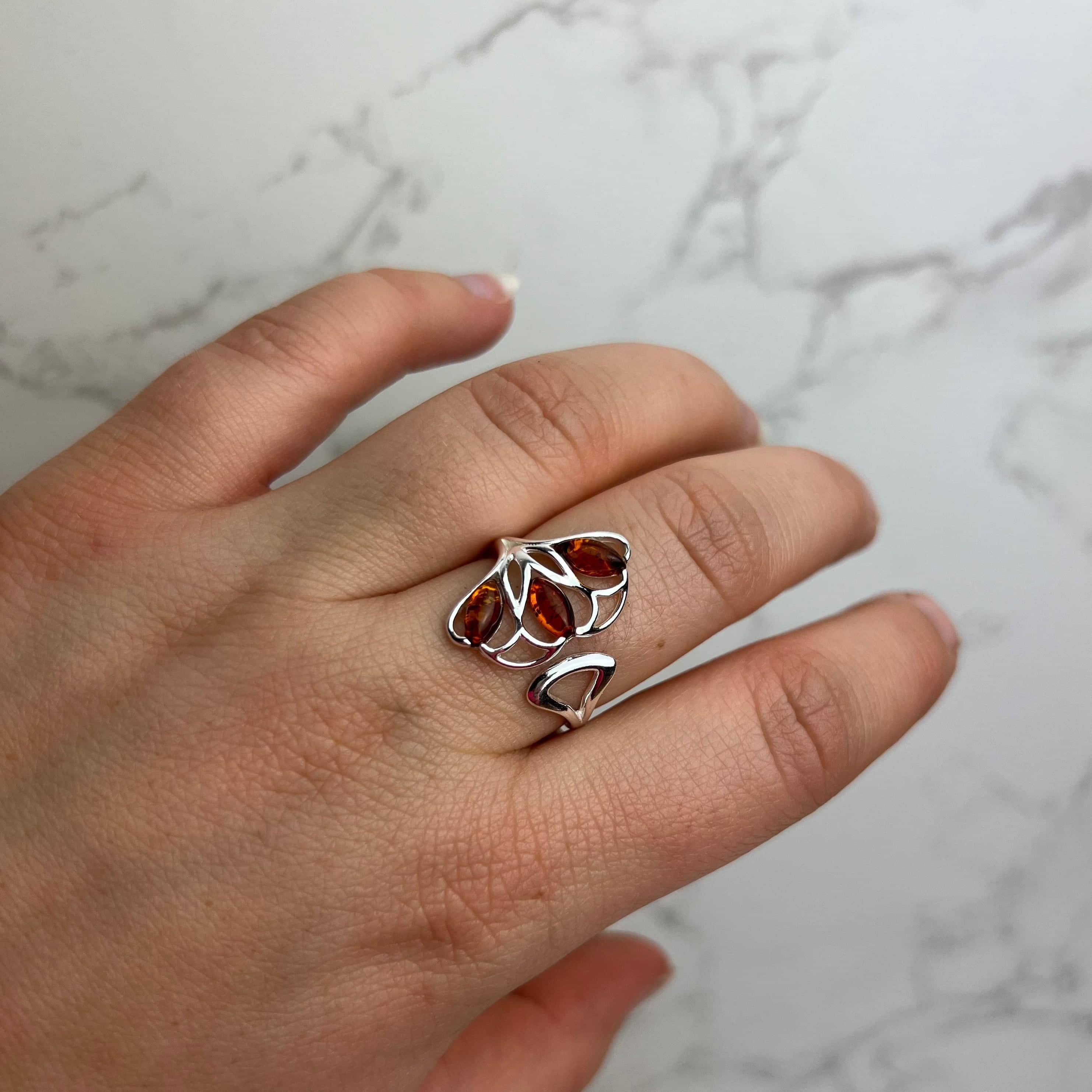 925 Sterling Silver & Genuine Baltic Amber Adjustable Modern Ring - GL716