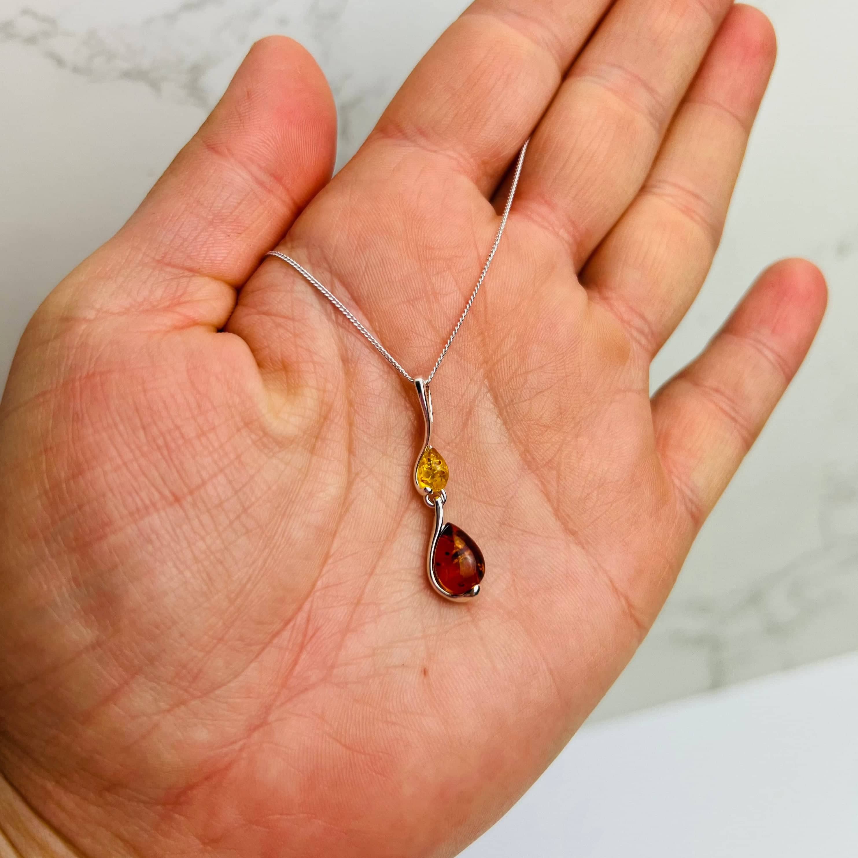 925 Sterling Silver & Genuine Baltic Amber Modern Pendant - GL240