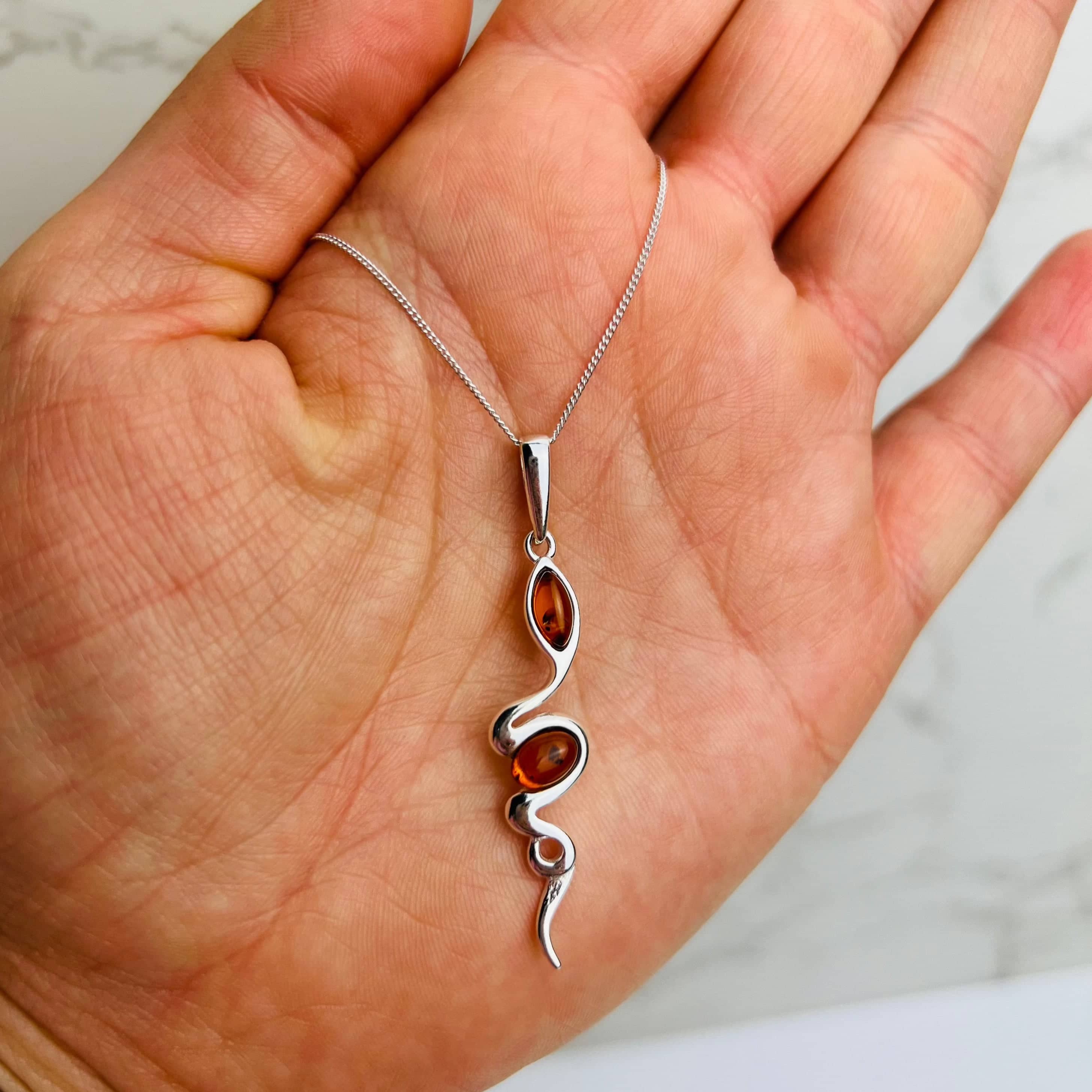 925 Sterling Silver & Genuine Baltic Amber Modern Snake Pendant - GL361