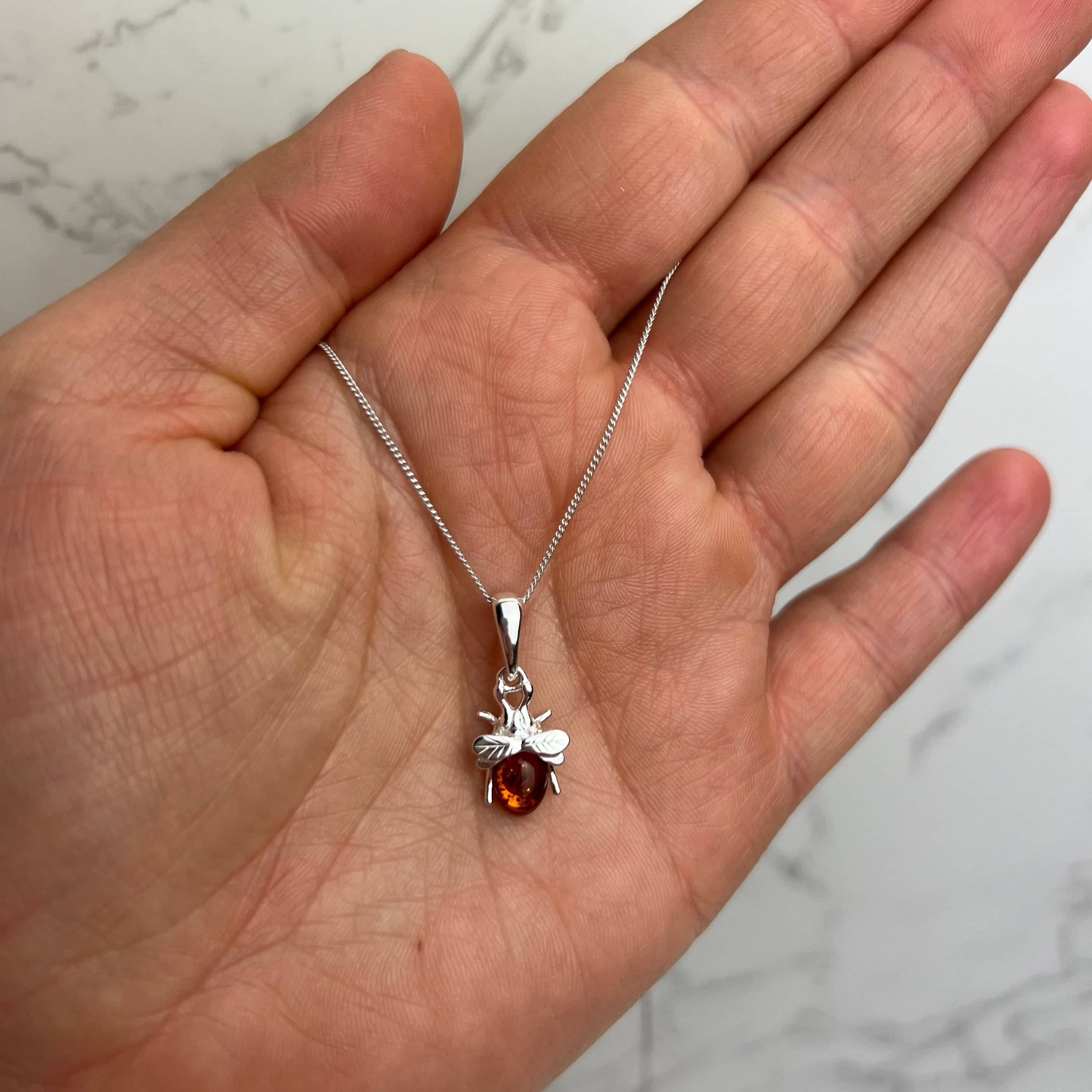 925 Sterling Silver & Genuine Baltic Amber Fly Bee Pendant - GL356