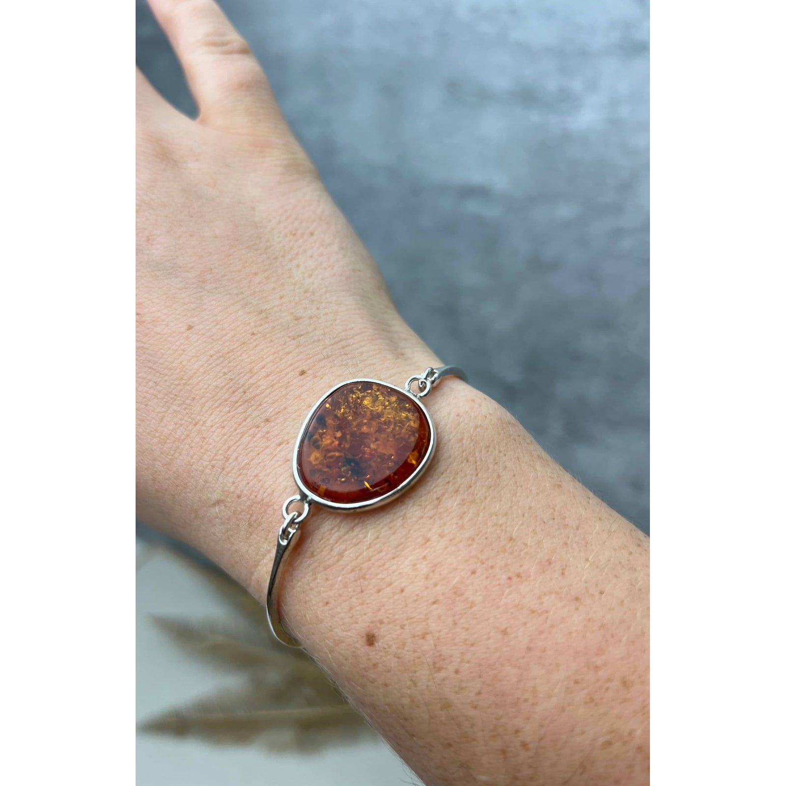 925 Sterling Silver & Genuine Cognac Baltic Amber Exclusive Bangle - BL0135