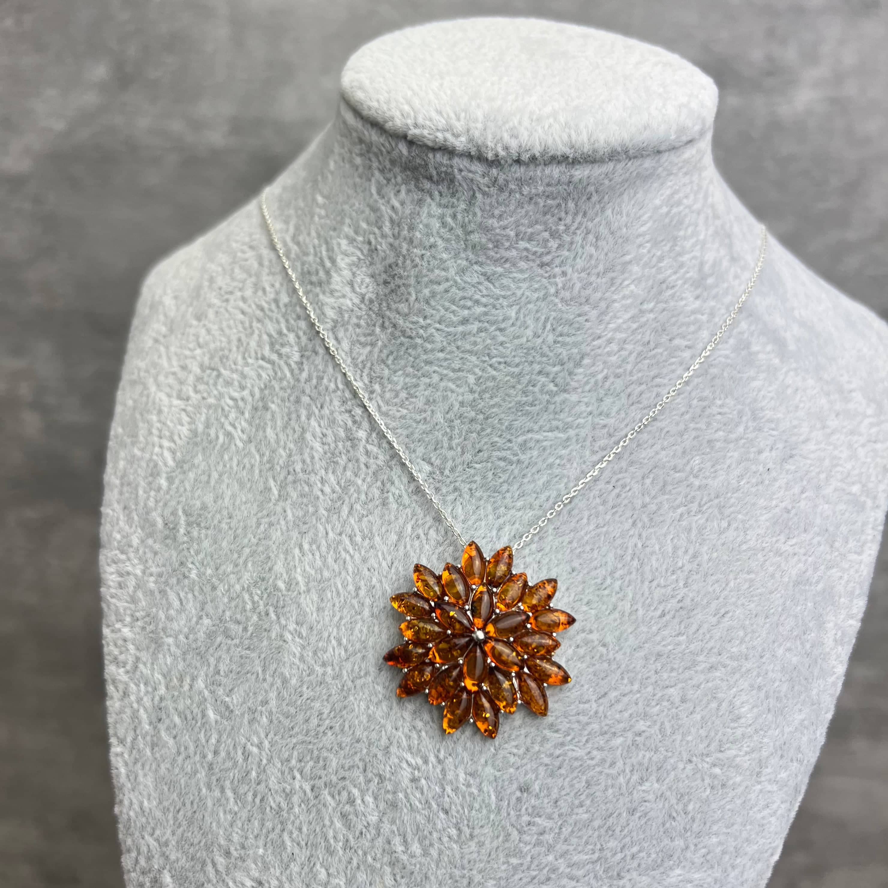 925 Sterling Silver & Genuine Baltic Amber Multi Stone Classic Pendant - 1702